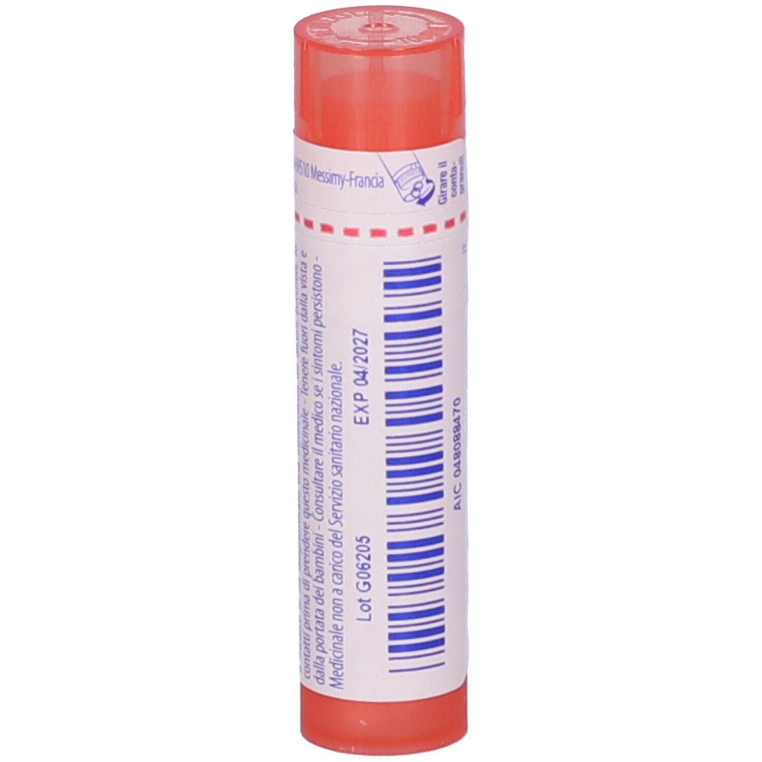 Confezione cilindrica, tappo rosa. Scritta: EXP 04/2027, Lot G06205.