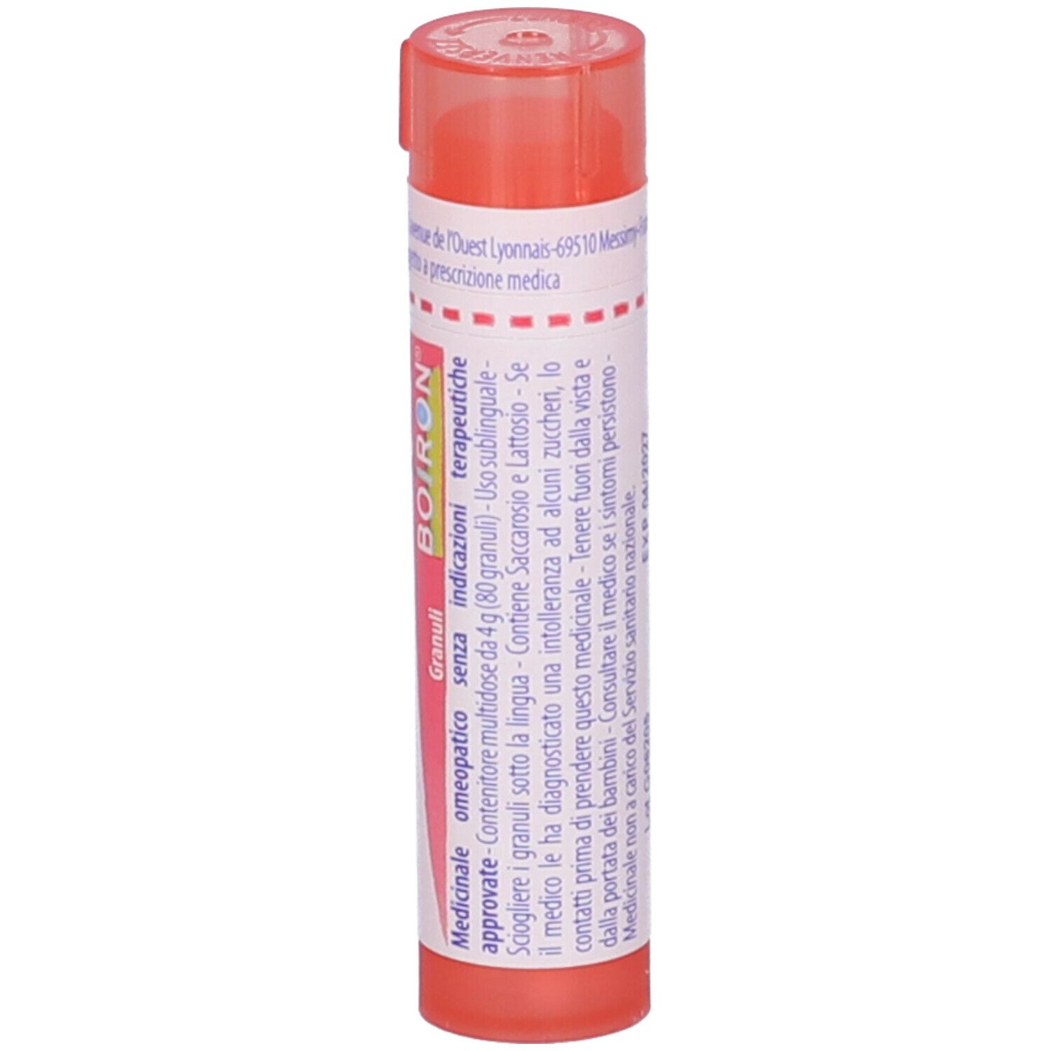 Confezione cilindrica, tappo rosa. Scritta: BOIRON, Granuli, indicazioni, ingredienti.