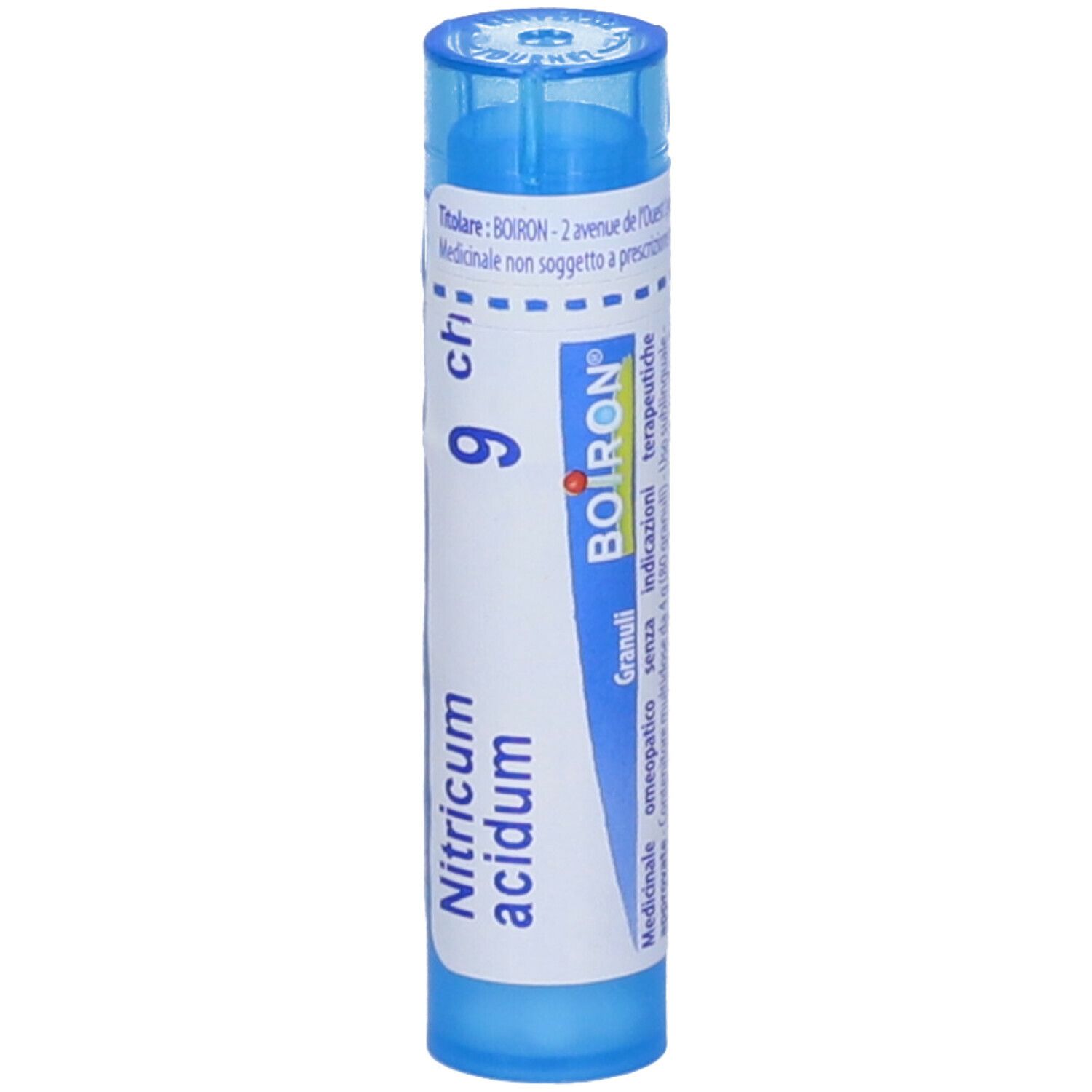 Confezione cilindrica blu con testo bianco. BOIRON® Nitricum acidum Granuli 9 Ch.