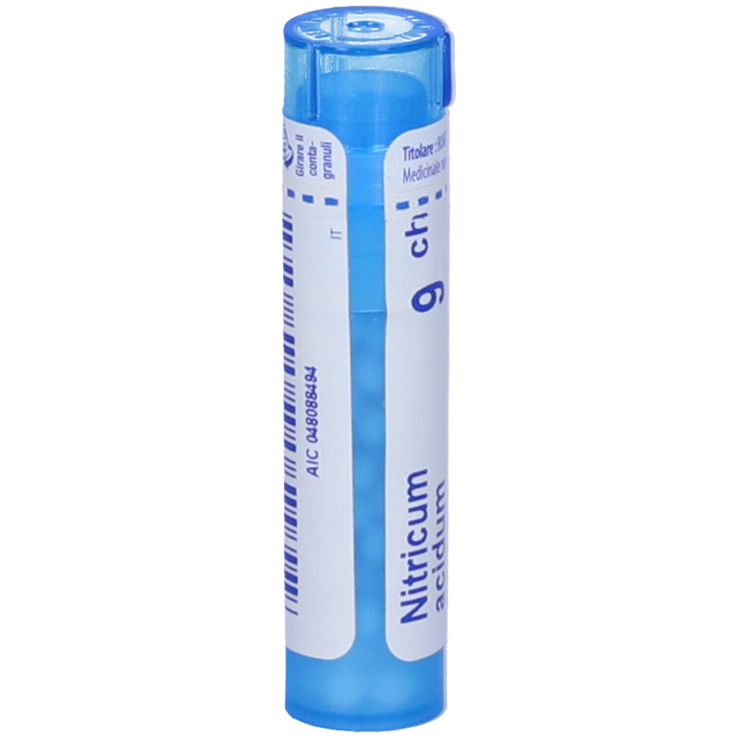 Confezione cilindrica blu con testo bianco. BOIRON® Nitricum acidum Granuli 9 Ch.