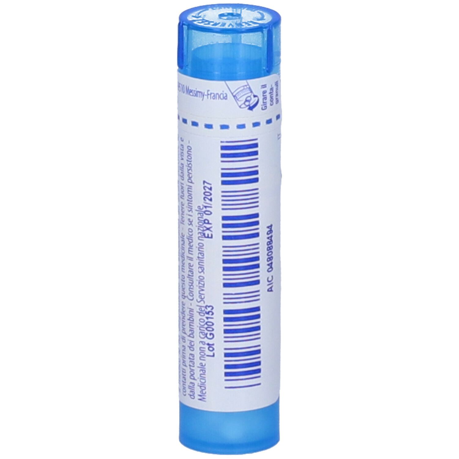 Confezione cilindrica blu con testo bianco. BOIRON® Nitricum acidum Granuli 9 Ch.