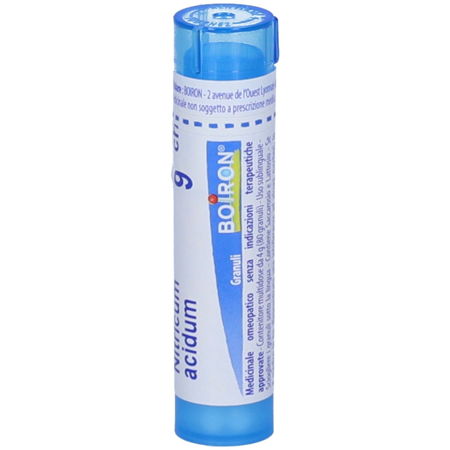 Confezione cilindrica blu con testo bianco. BOIRON® Nitricum acidum Granuli 9 Ch.