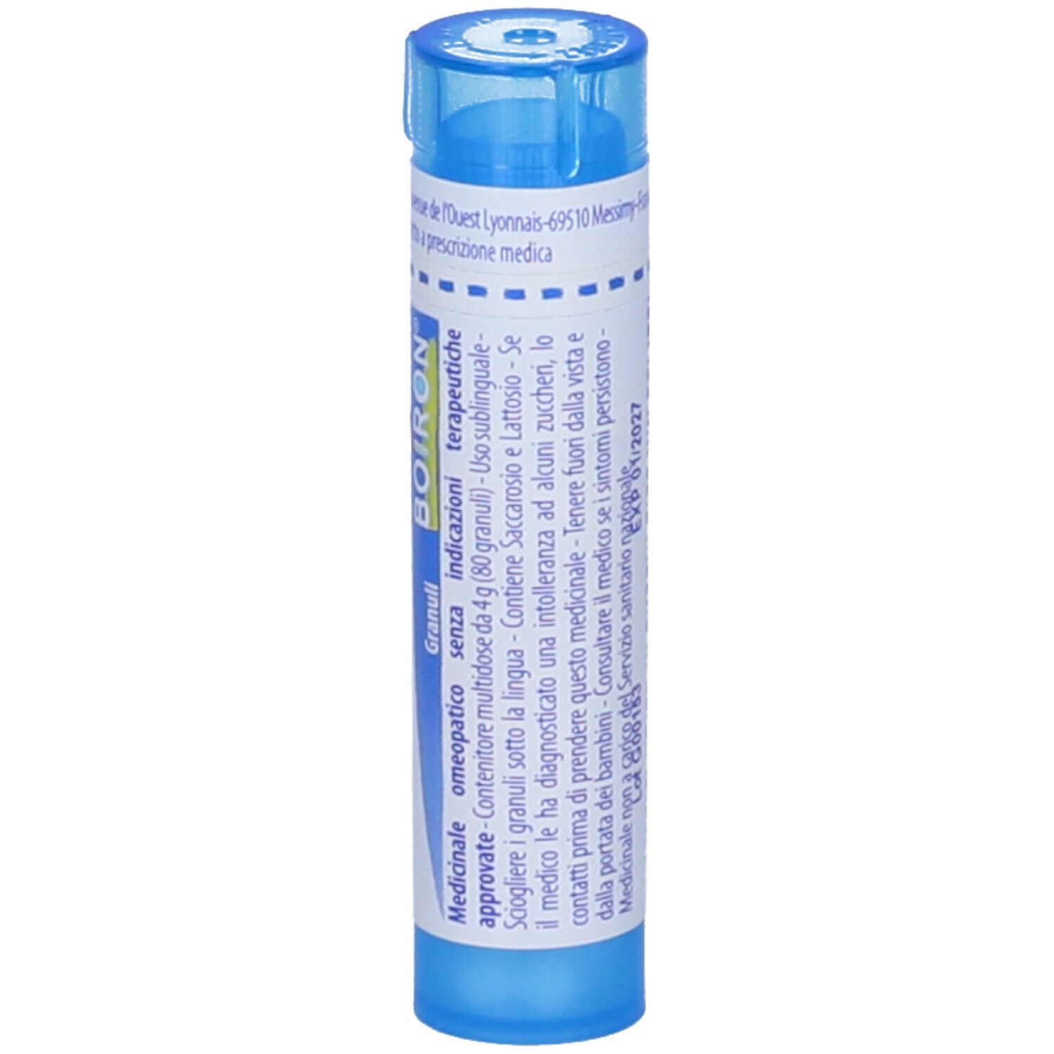 Confezione cilindrica blu con testo bianco. BOIRON® Nitricum acidum Granuli 9 Ch.