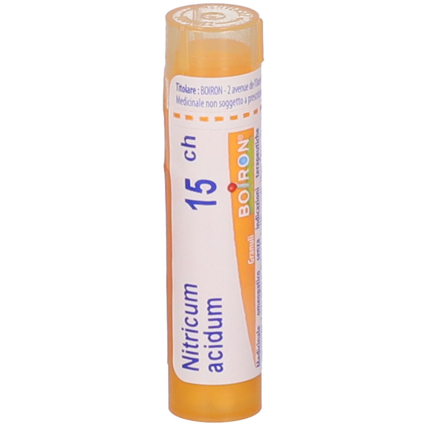 Confezione cilindrica gialla con etichetta bianca. Scritta: Nitricum acidum, 15 ch, BOIRON. Granuli.