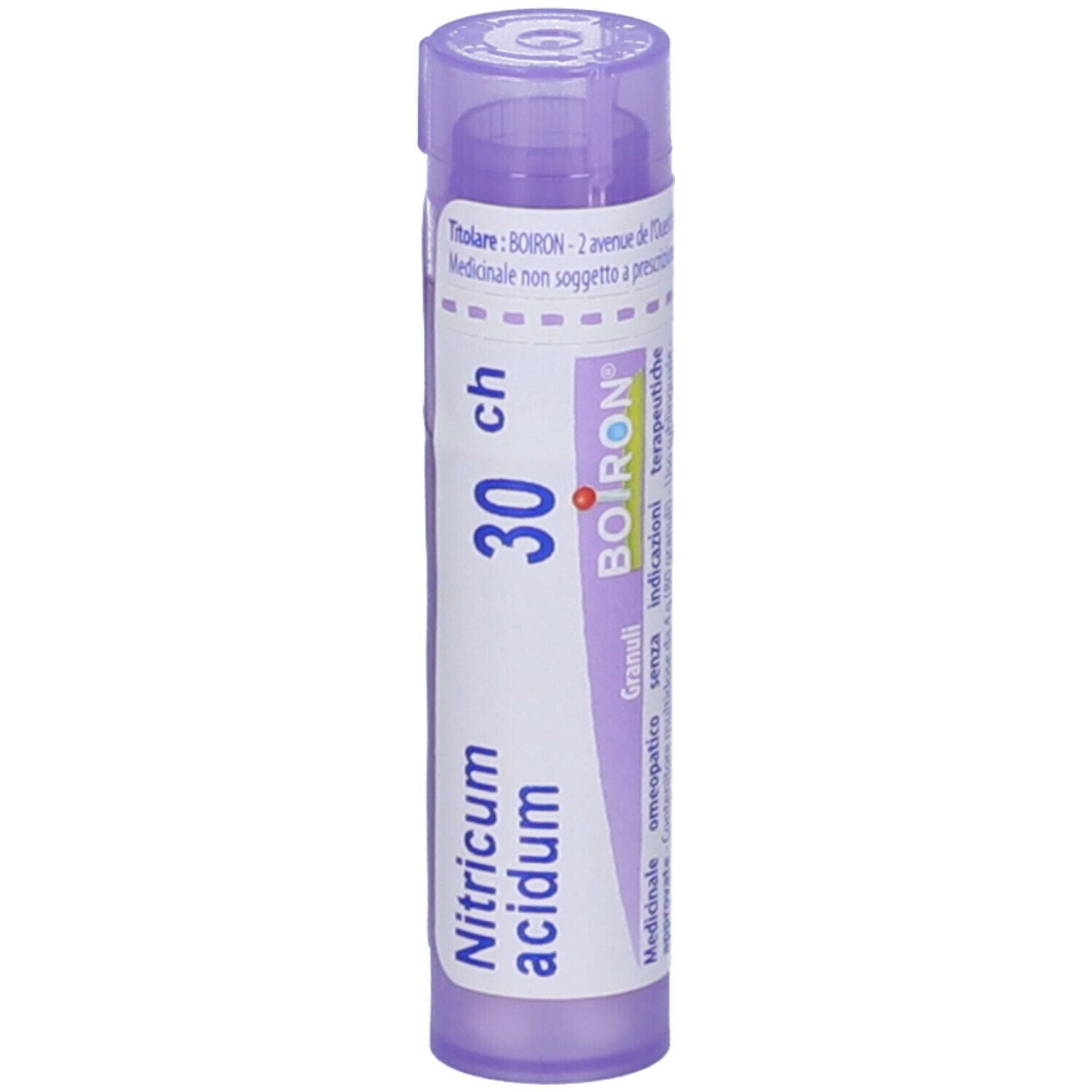 Flacone cilindrico, tappo viola. Scritte: Nitricum acidum, 30 ch, BOIRON. Granuli. In alto: Titulaire BOIRON.