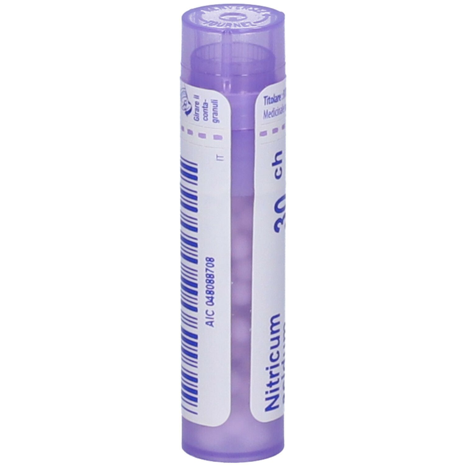 Flacone cilindrico, tappo viola. Scritte: Nitricum acidum, 30 ch, BOIRON. Granuli. Con codice a barre e codice AIC.