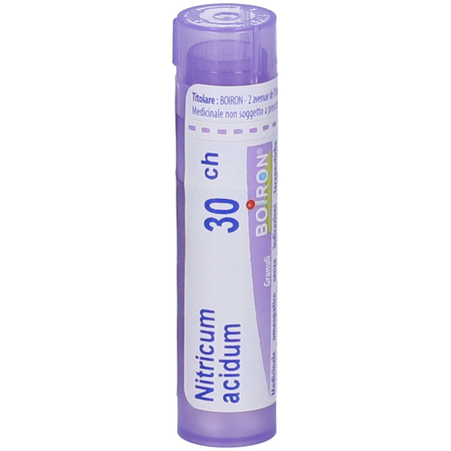 Flacone cilindrico, tappo viola. Scritte: Nitricum acidum, 30 ch, BOIRON. Granuli. Con logo BOIRON.