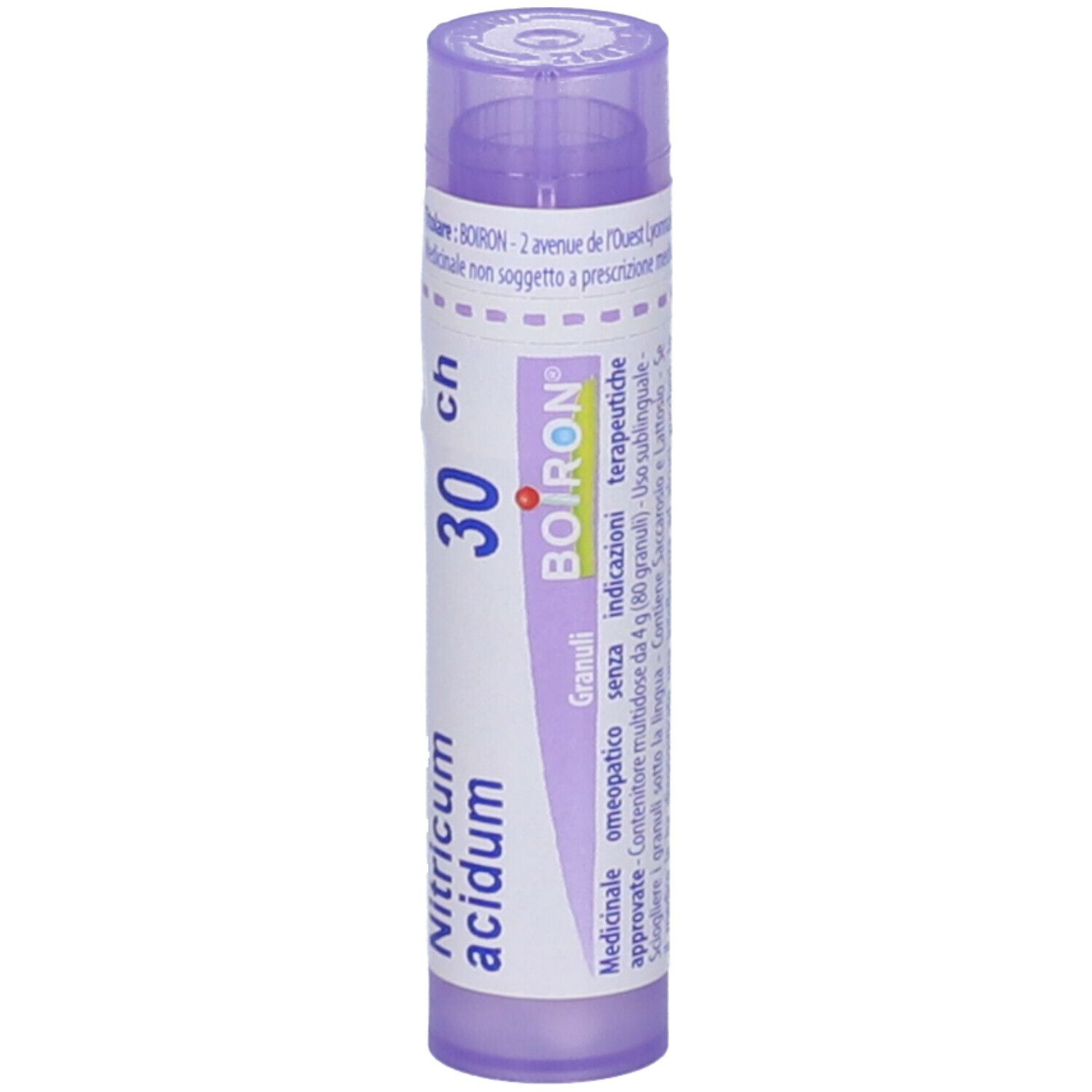 Flacone cilindrico, tappo viola. Scritte: Nitricum acidum, 30 ch, BOIRON. Granuli. Con indicazioni mediche.