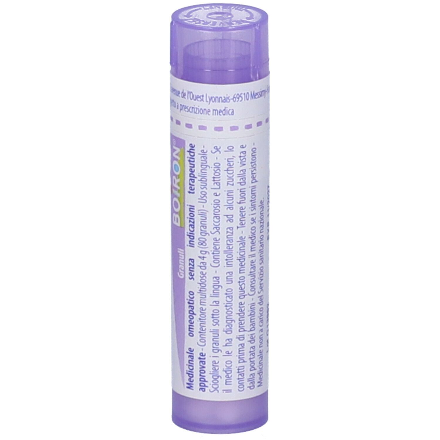 Flacone cilindrico, tappo viola. Scritte: Nitricum acidum, 30 ch, BOIRON. Granuli. Con indicazioni mediche.