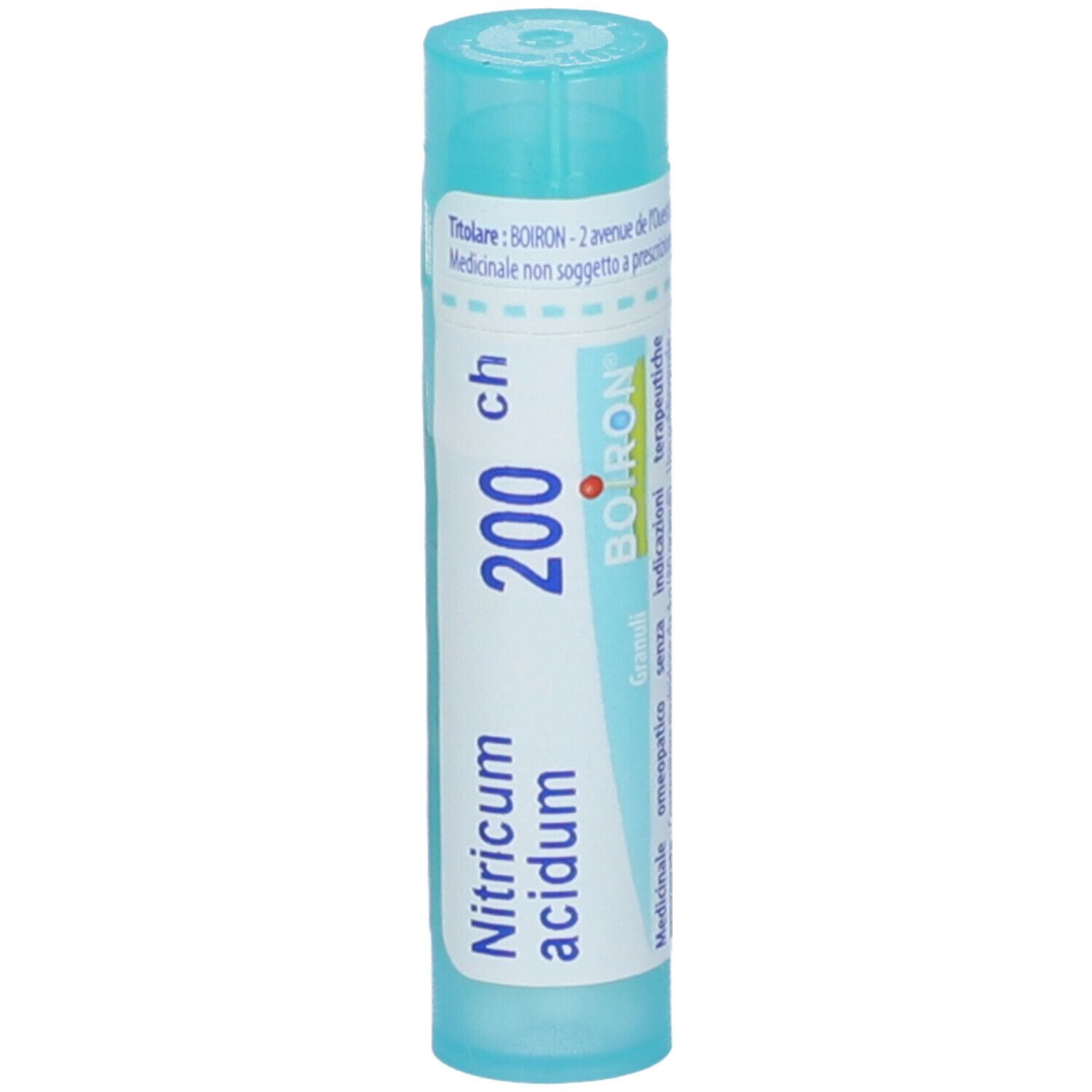 Tubo cilindrico con Nitricum acidum 200 ch e logo BOIRON. Colori turchese e bianco. Tappo in alto.
