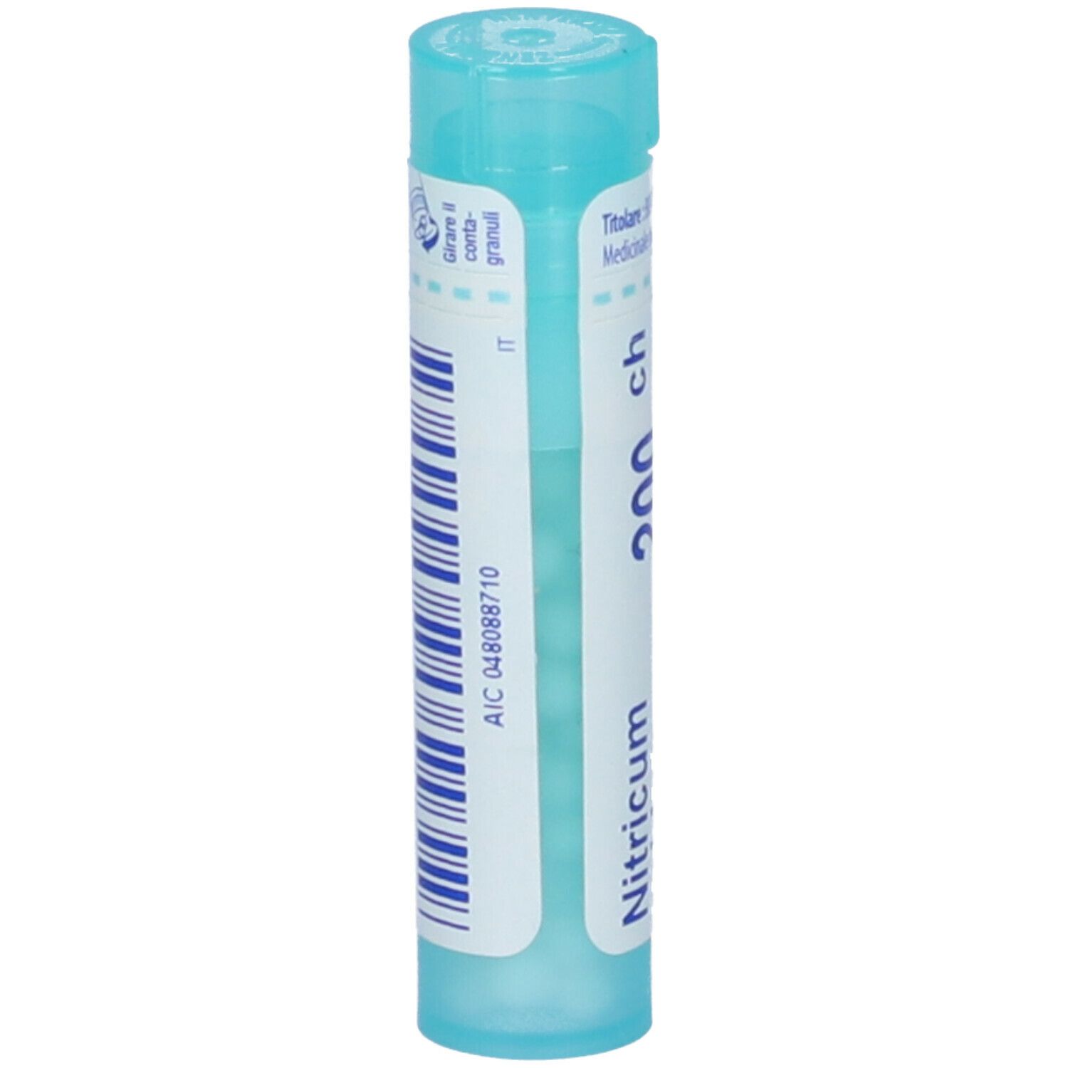 Tubo cilindrico con Nitricum acidum 200 ch e logo BOIRON. Colori turchese e bianco. Con codice a barre.