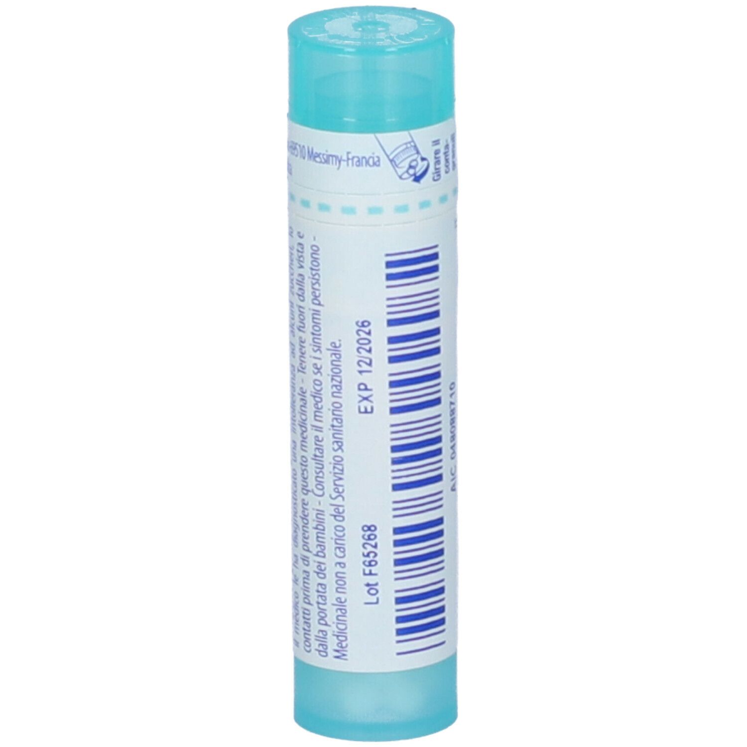 Tubo cilindrico con Nitricum acidum 200 ch e logo BOIRON. Colori turchese e bianco. Con informazioni.