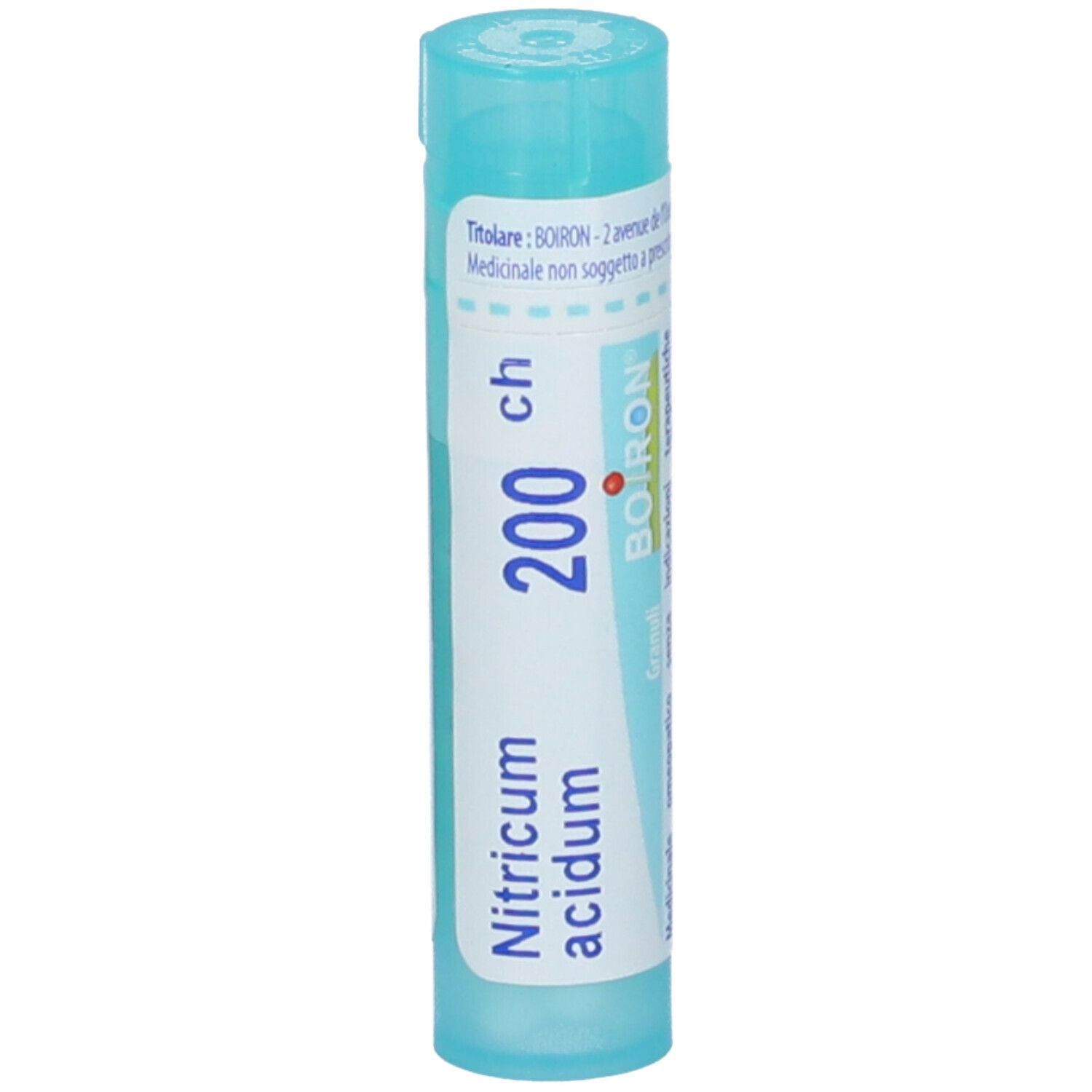 Tubo cilindrico con Nitricum acidum 200 ch e logo BOIRON. Colori turchese e bianco. Con informazioni.