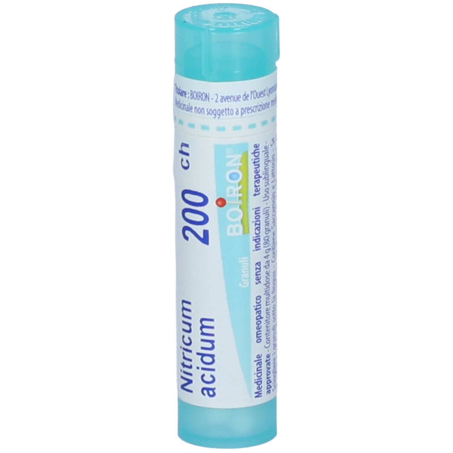 Tubo cilindrico con Nitricum acidum 200 ch e logo BOIRON. Colori turchese e bianco. Con informazioni.