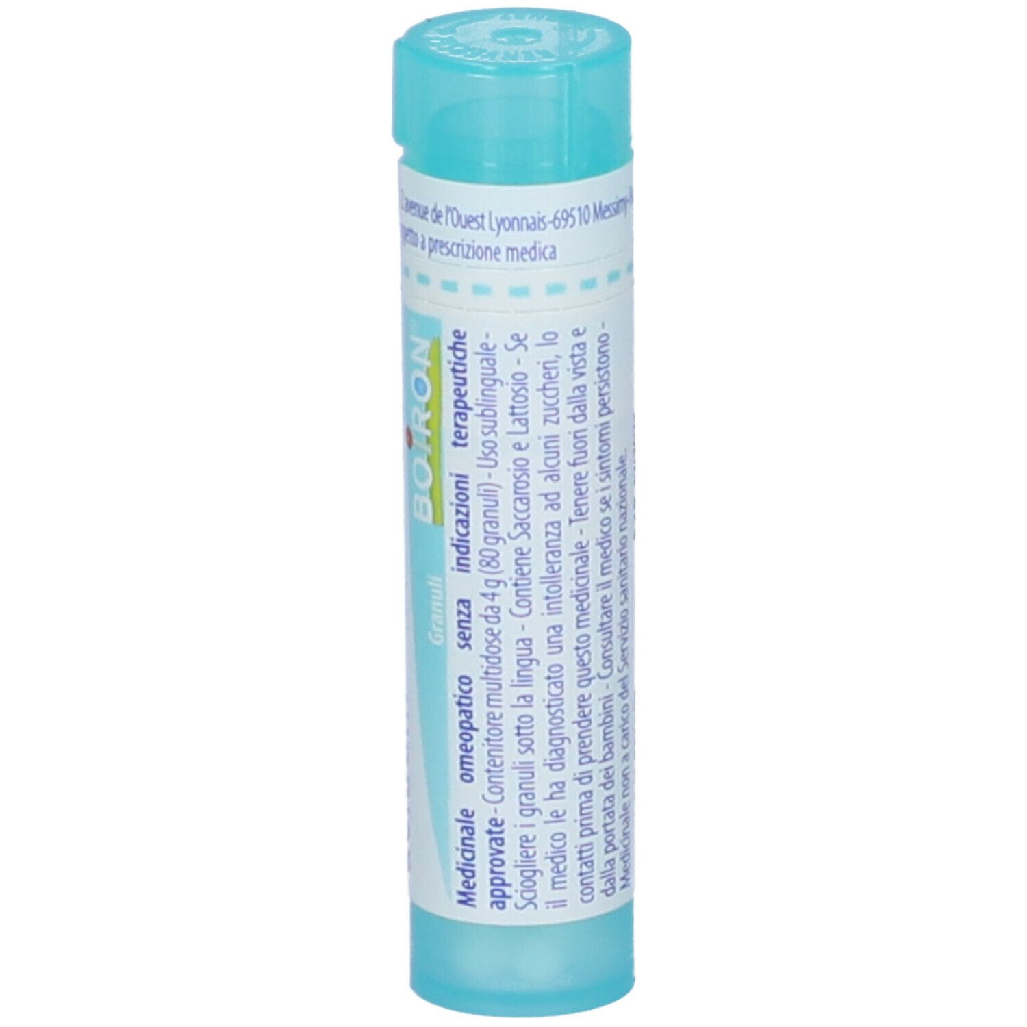 Tubo cilindrico con Nitricum acidum 200 ch e logo BOIRON. Colori turchese e bianco. Con informazioni.