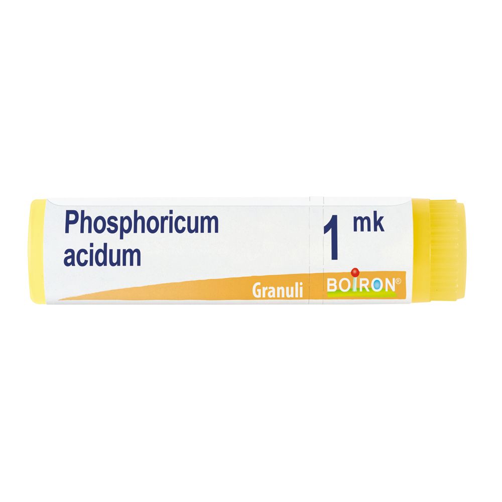 Confezione cilindrica con tappo giallo. Scritta: Phosphoricum acidum, 1 mk, Boiron, Granuli.