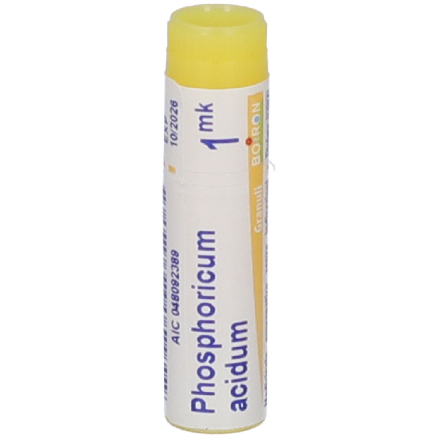 Confezione cilindrica con tappo giallo. Scritta: Phosphoricum acidum, 1 mk, Boiron, Granuli.