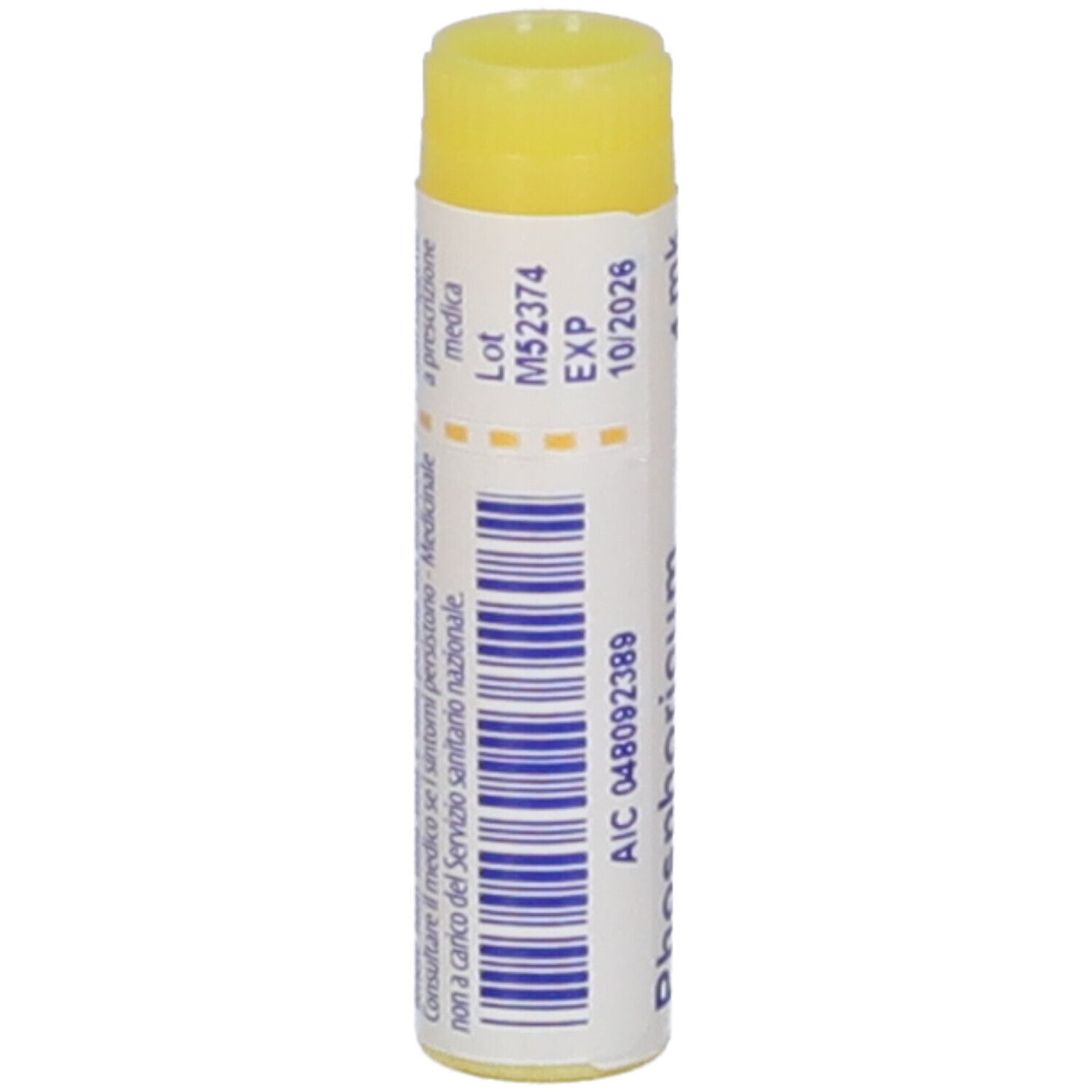 Confezione cilindrica con tappo giallo. Scritta: Phosphoricum acidum, 1 mk, Boiron, Granuli.