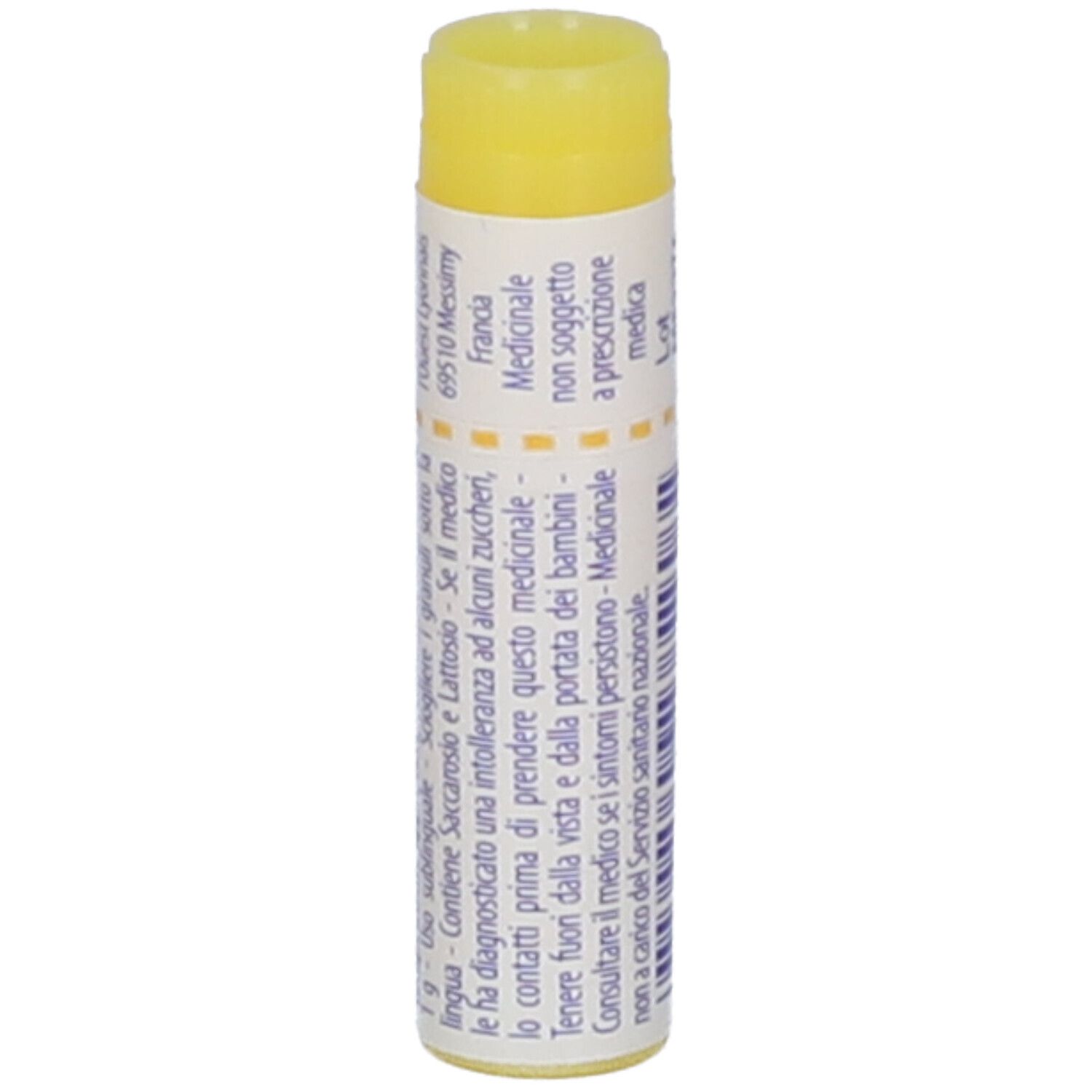 Confezione cilindrica con tappo giallo. Scritta: Phosphoricum acidum, 1 mk, Boiron, Granuli.