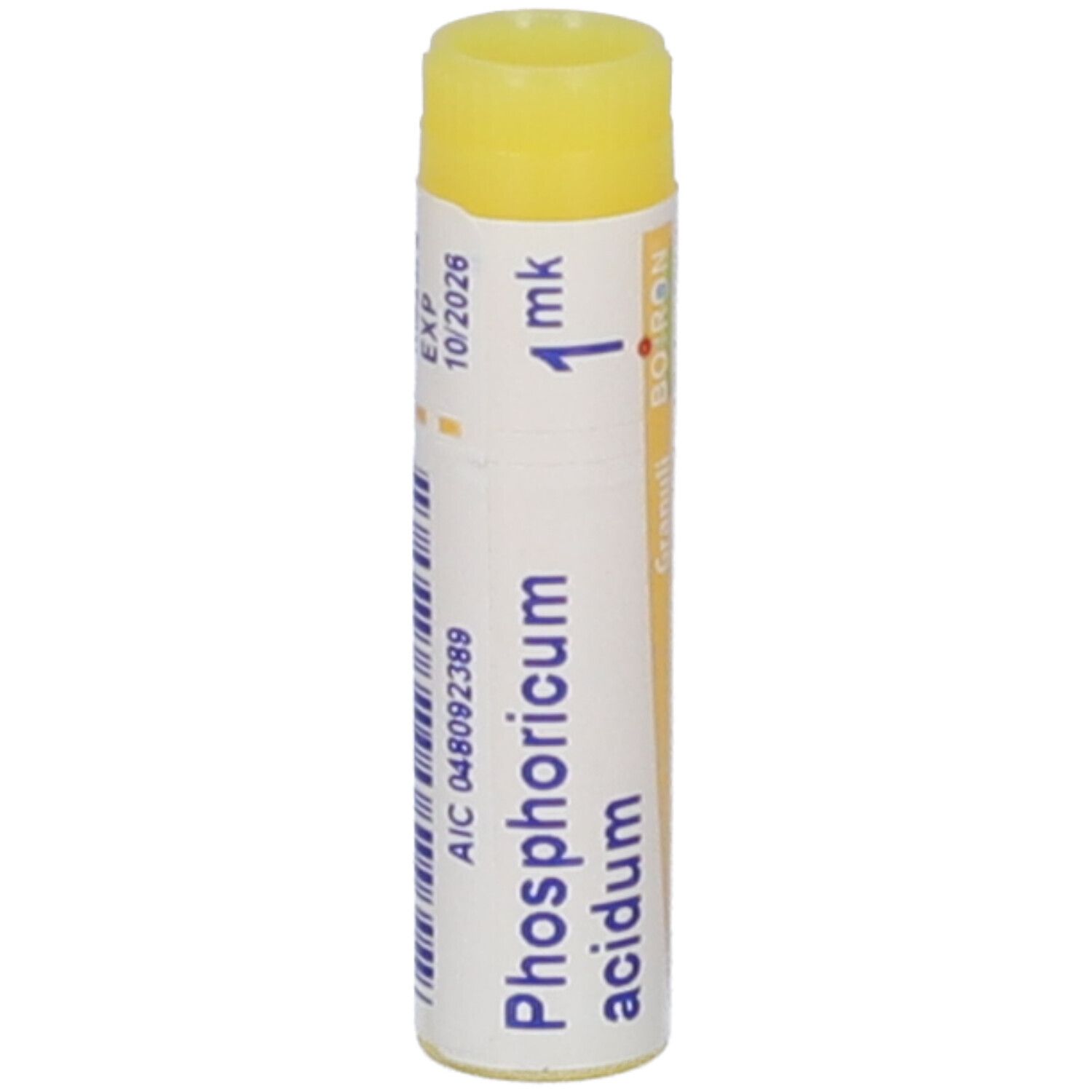 Confezione cilindrica con tappo giallo. Scritta: Phosphoricum acidum, 1 mk, Boiron, Granuli.