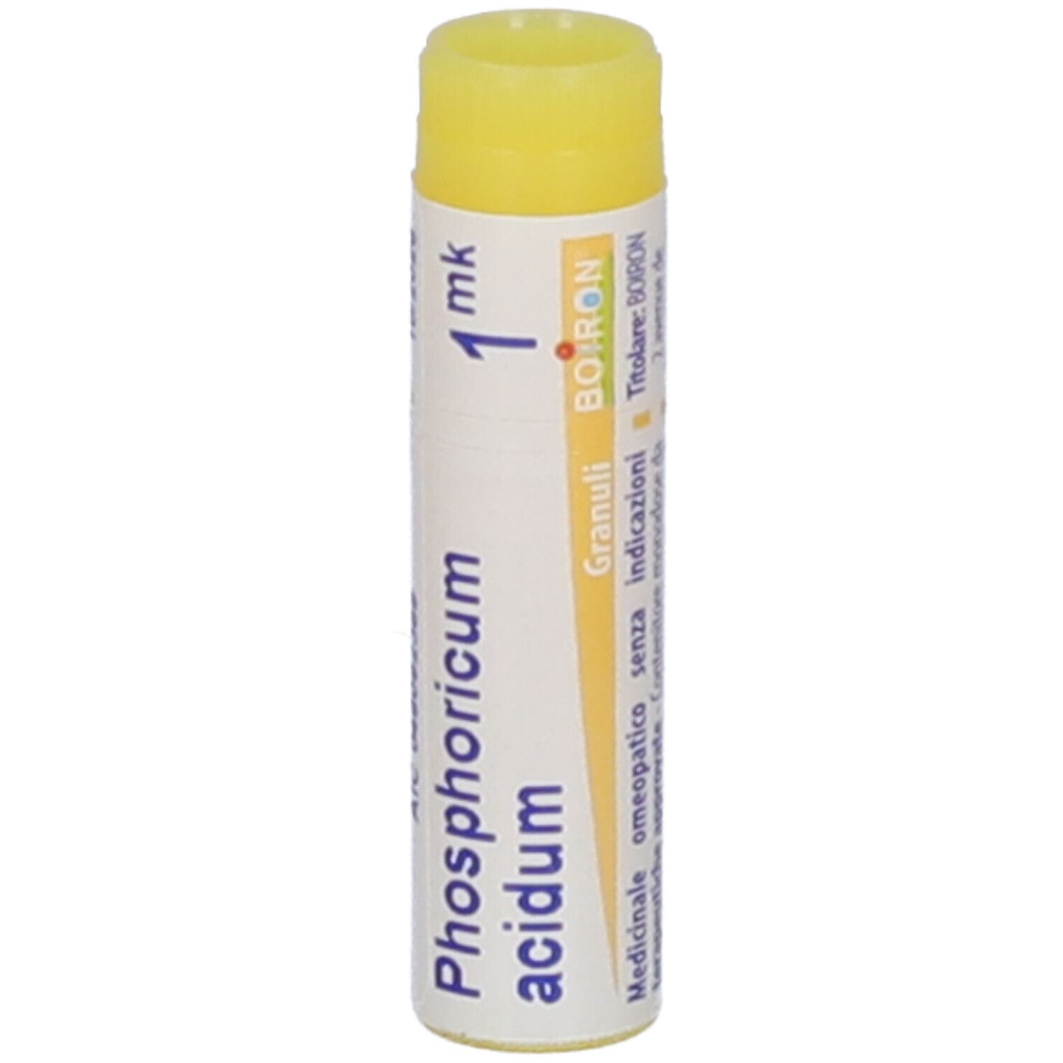 Confezione cilindrica con tappo giallo. Scritta: Phosphoricum acidum, 1 mk, Boiron, Granuli.