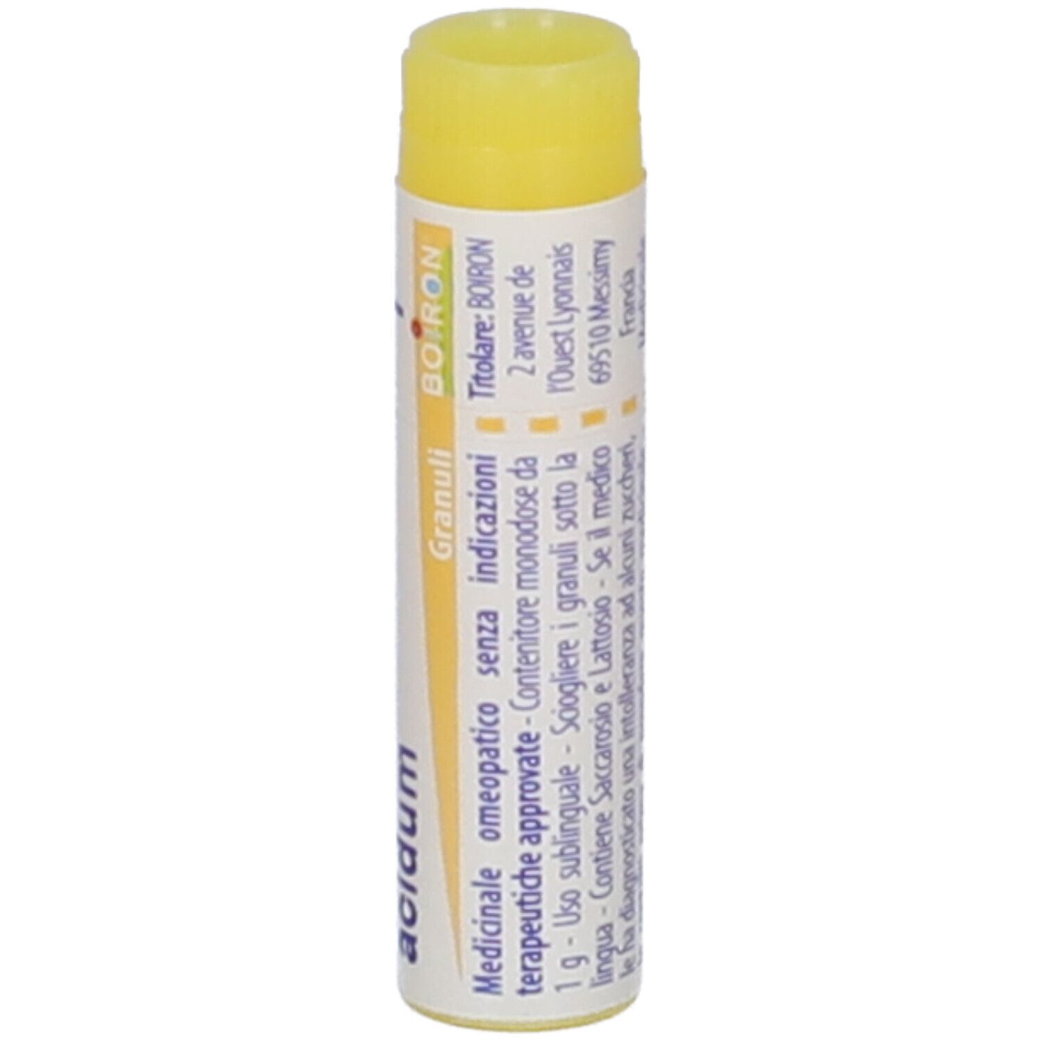 Confezione cilindrica con tappo giallo. Scritta: Phosphoricum acidum, 1 mk, Boiron, Granuli.