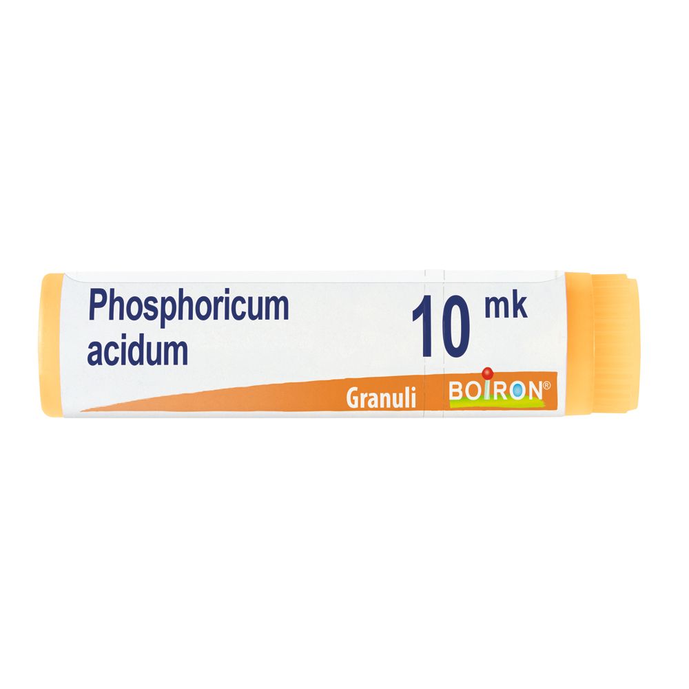 Confezione cilindrica con scritta Phosphoricum acidum 10 mk Granuli BOIRON. Estremità arancioni.