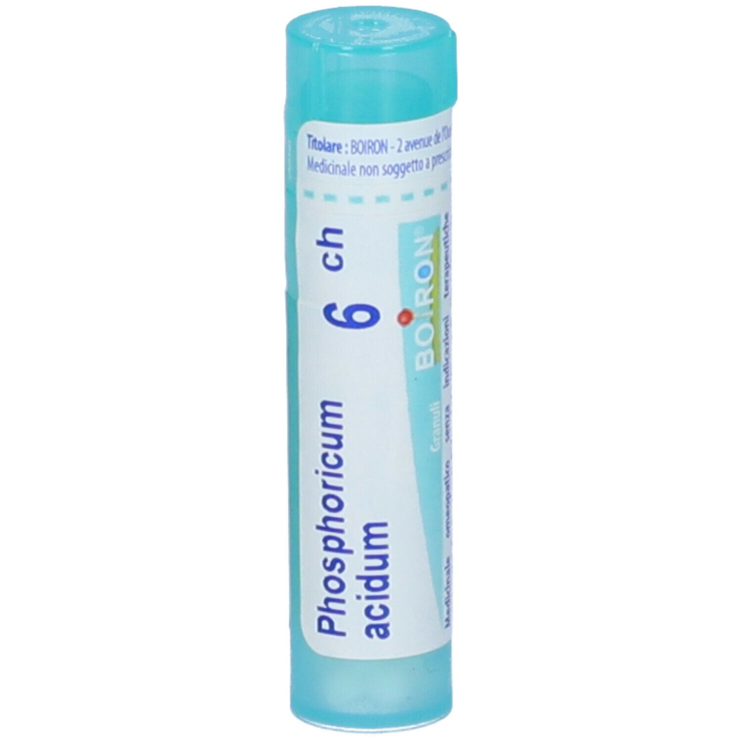 Confezione cilindrica blu. Scritta: Phosphoricum acidum 6 ch, BOIRON. Con tappo blu.
