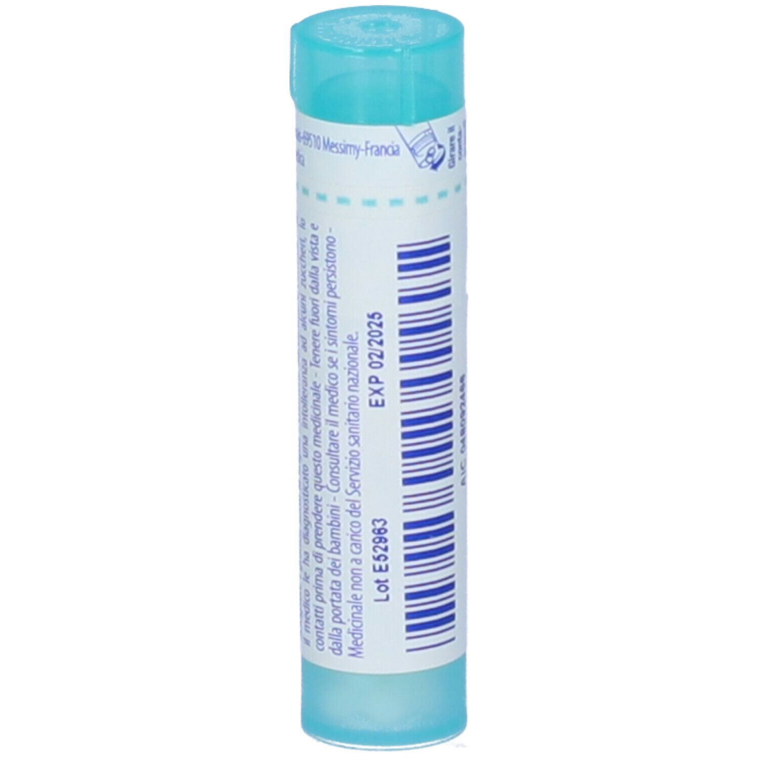 Confezione cilindrica blu. Scritta: Phosphoricum acidum 6 ch. Con tappo blu. Data di scadenza.