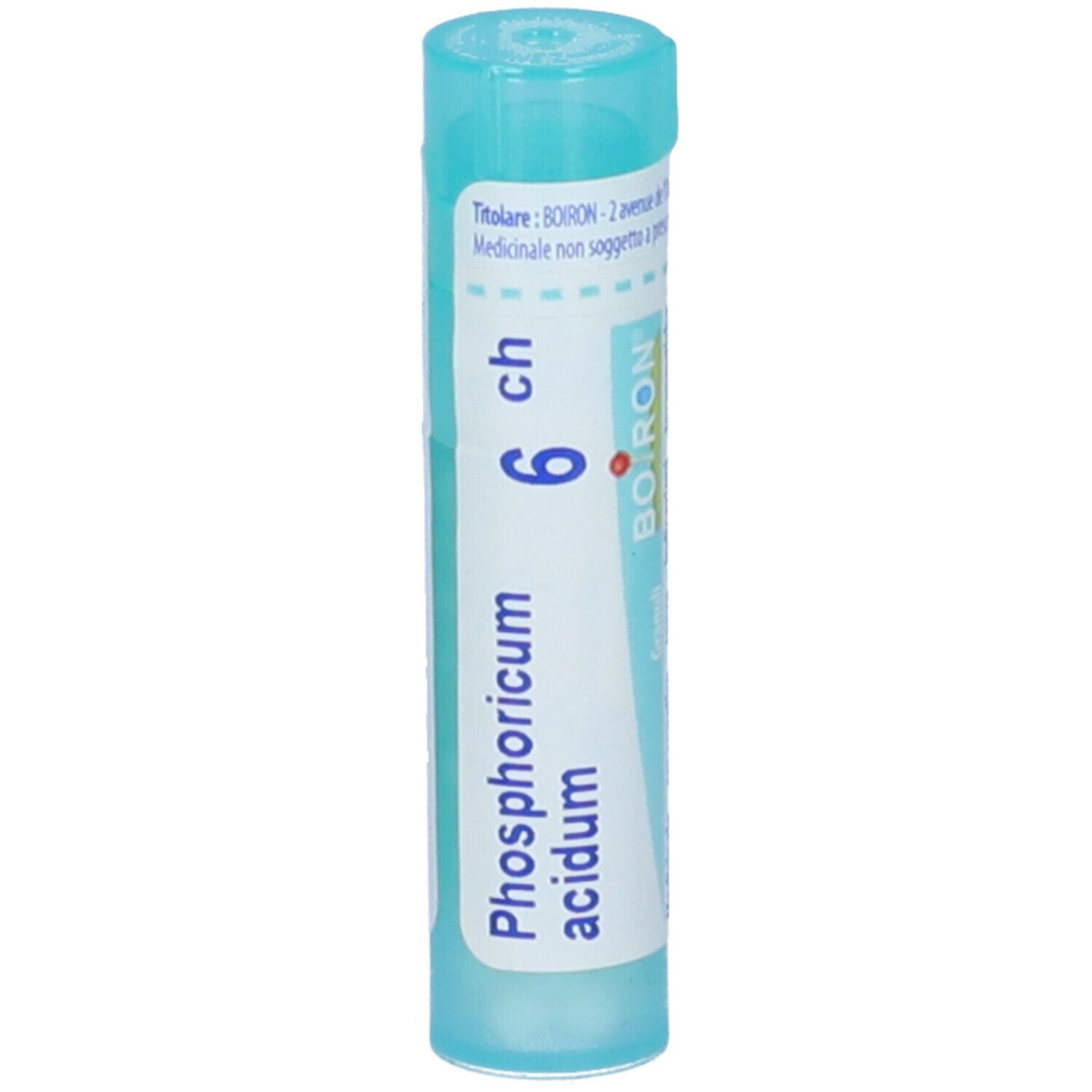 Confezione cilindrica blu. Scritta: Phosphoricum acidum 6 ch, BOIRON. Con tappo blu.