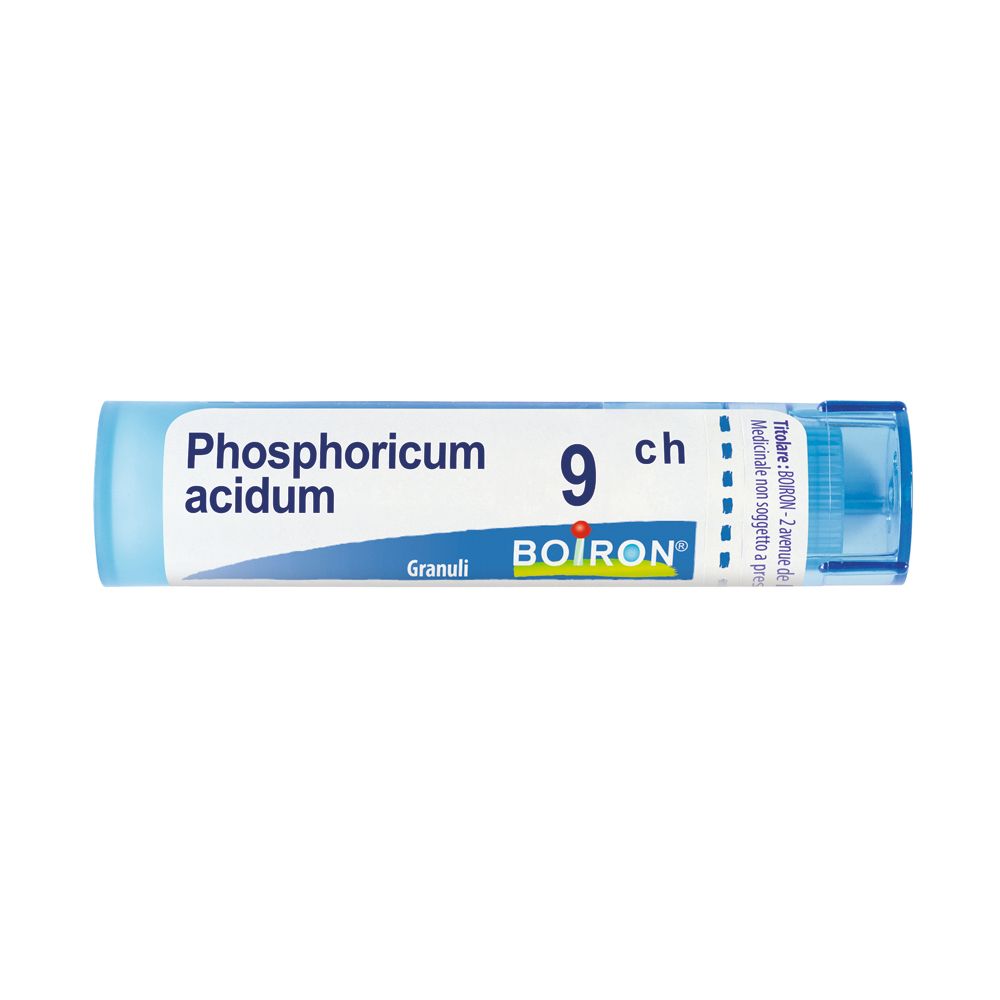Confezione cilindrica blu con etichetta bianca. Scritta: Phosphoricum acidum 9 ch, BOIRON. Granuli.