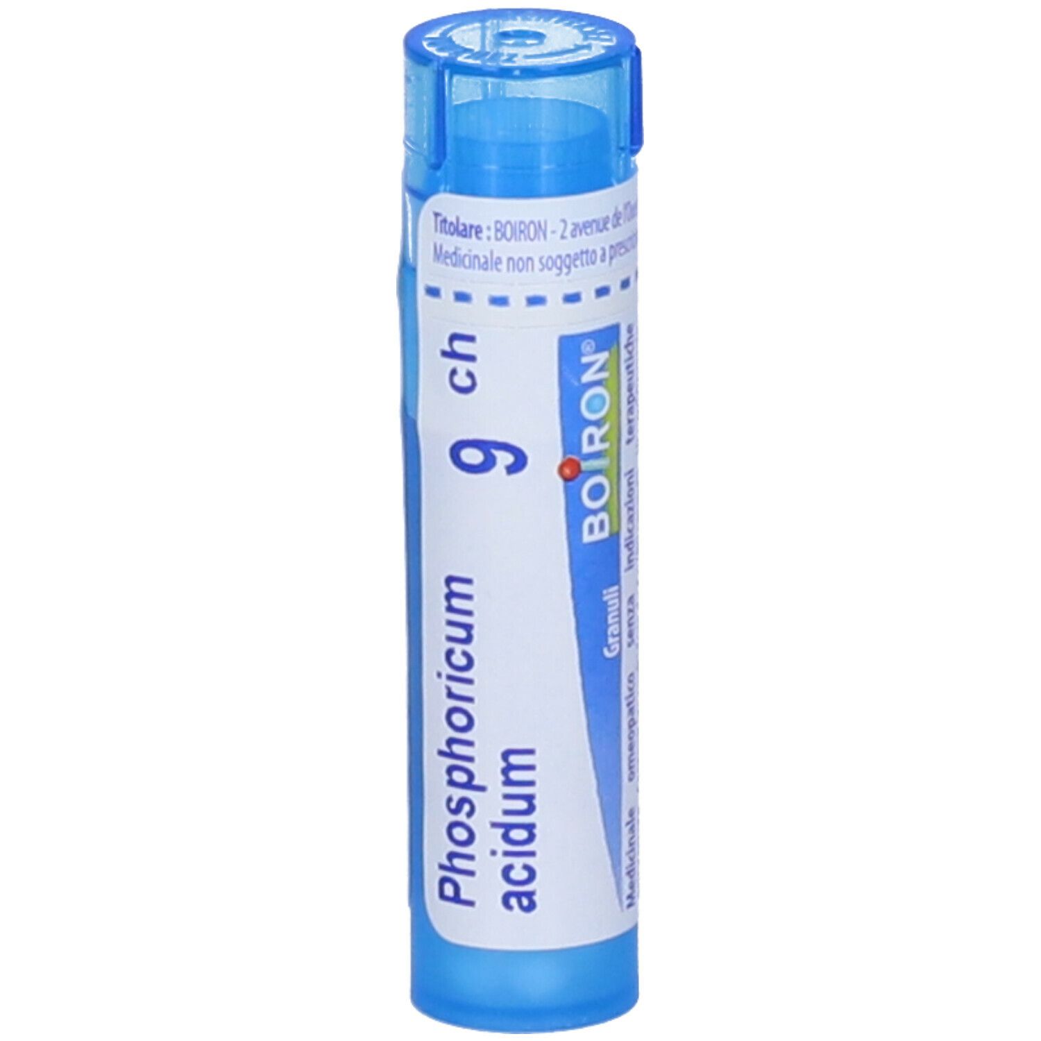Confezione cilindrica blu. Scritta: Phosphoricum acidum 9 ch, BOIRON. Granuli. Con tappo blu.