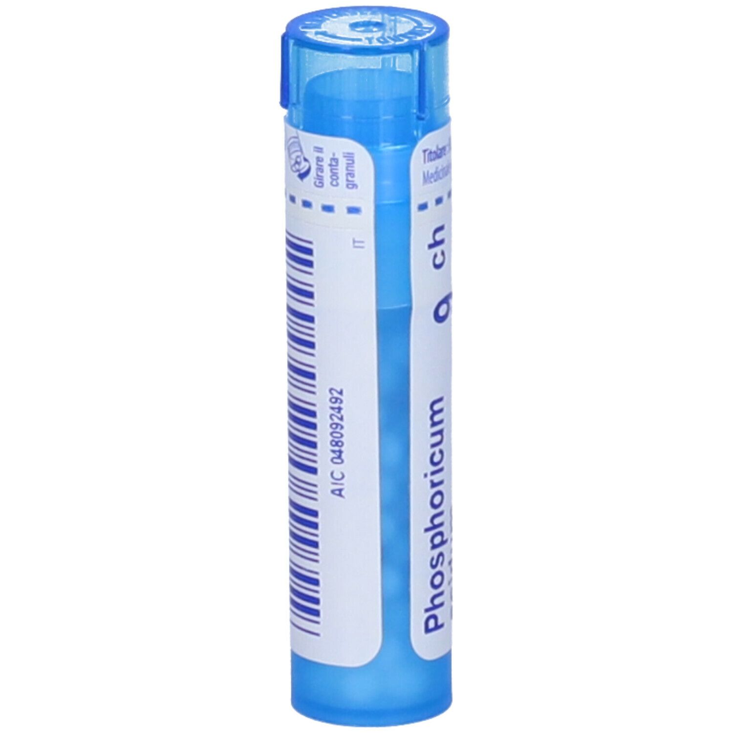 Confezione cilindrica blu. Scritta: Phosphoricum acidum 9 ch. Con etichetta bianca e codice a barre.