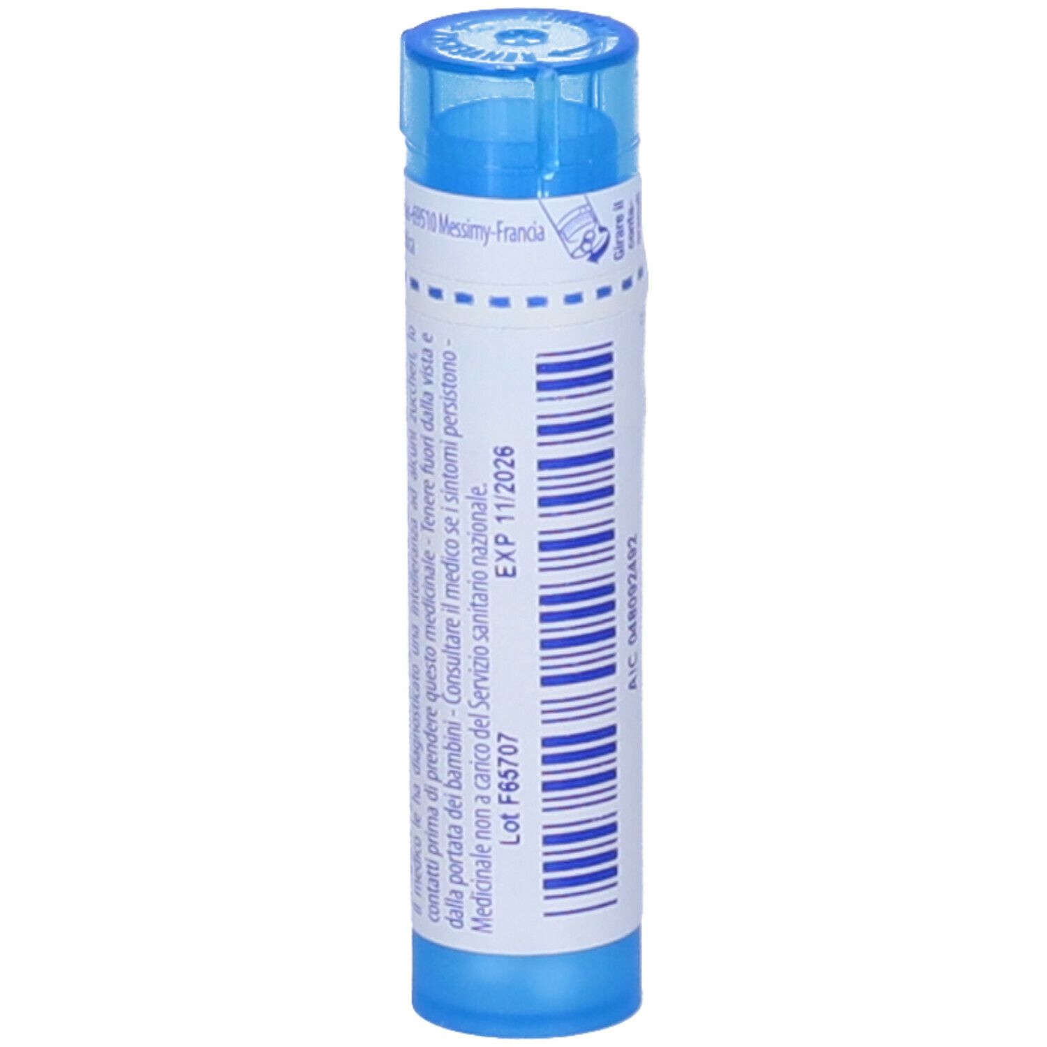 Confezione cilindrica blu. Scritta: Phosphoricum acidum 9 ch. Con etichetta bianca e data di scadenza.