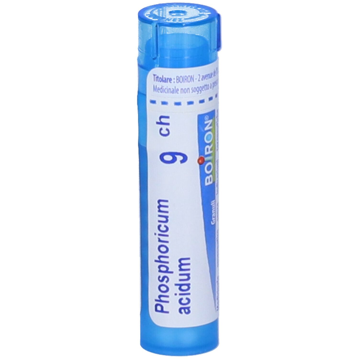 Confezione cilindrica blu. Scritta: Phosphoricum acidum 9 ch, BOIRON. Con etichetta bianca.