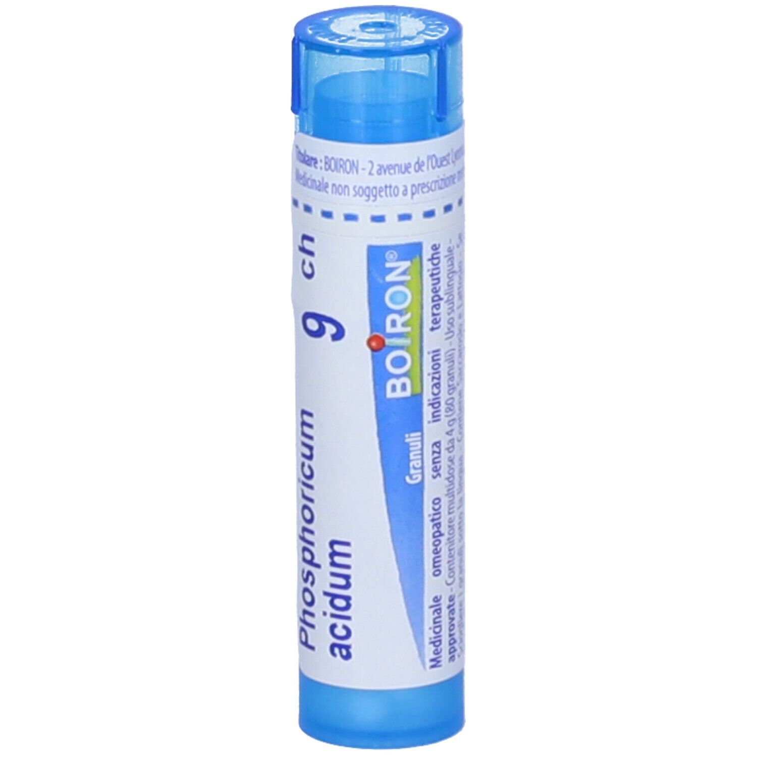Confezione cilindrica blu. Scritta: Phosphoricum acidum 9 ch, BOIRON. Granuli. Con etichetta bianca.