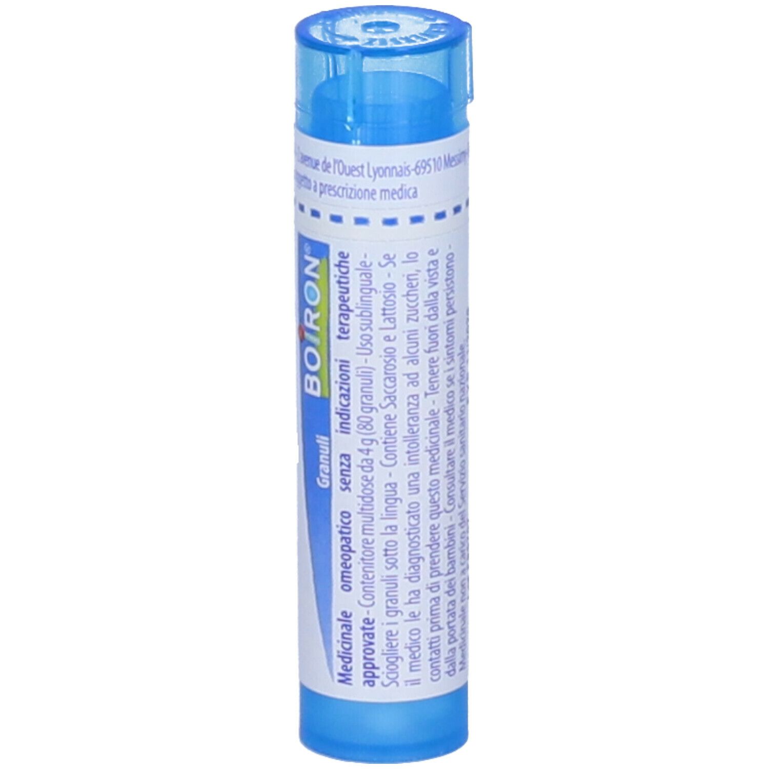 Confezione cilindrica blu. Scritta: Phosphoricum acidum 9 ch, BOIRON. Granuli. Con testo e logo.