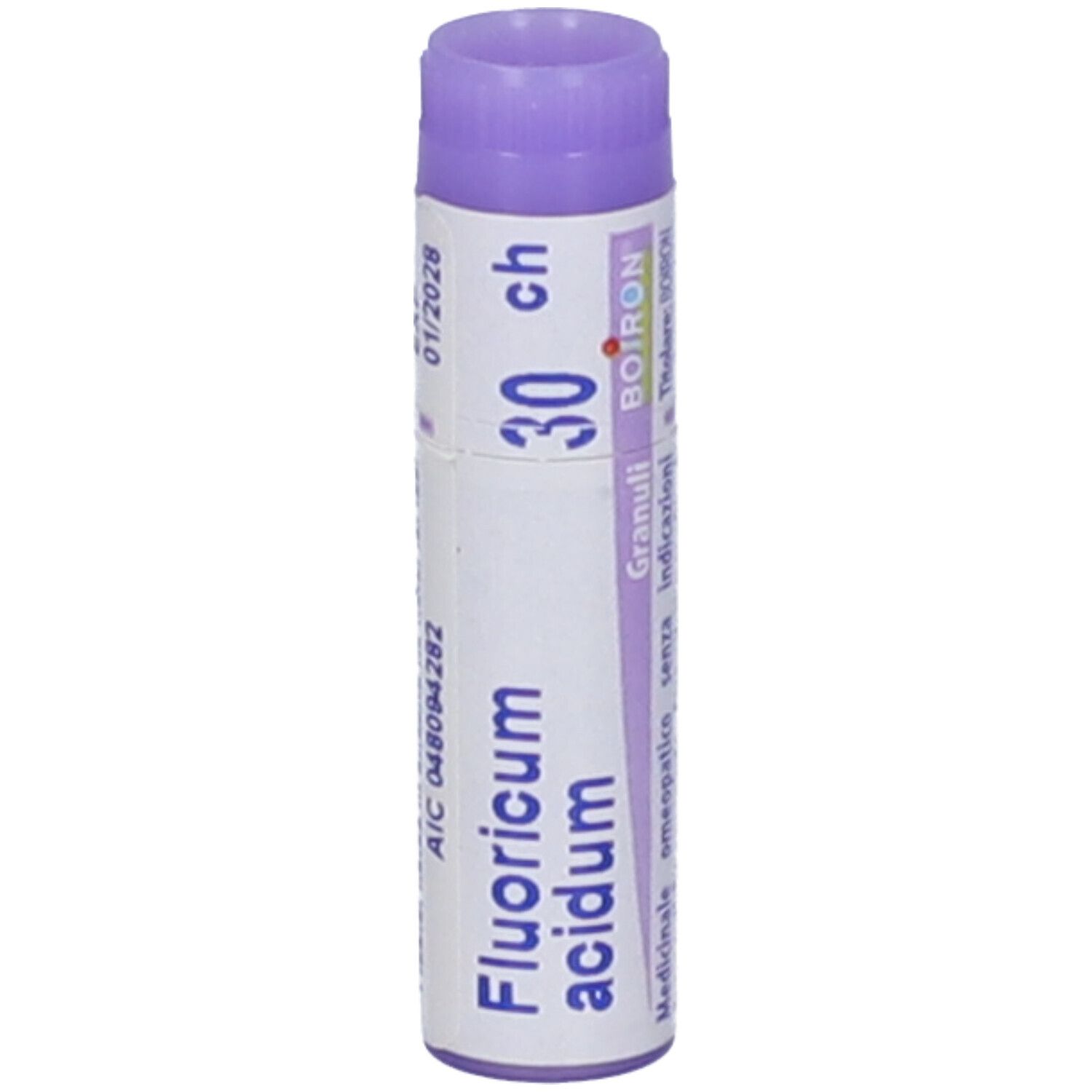 Confezione cilindrica con tappo viola. Scritta: Fluoricum acidum, 30 ch, BOIRON, Granuli.