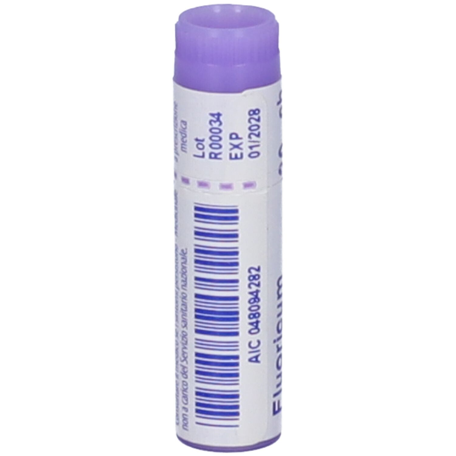 Confezione cilindrica con tappo viola. Codice a barre e testo su sfondo bianco. Scritta: Fluoricum.
