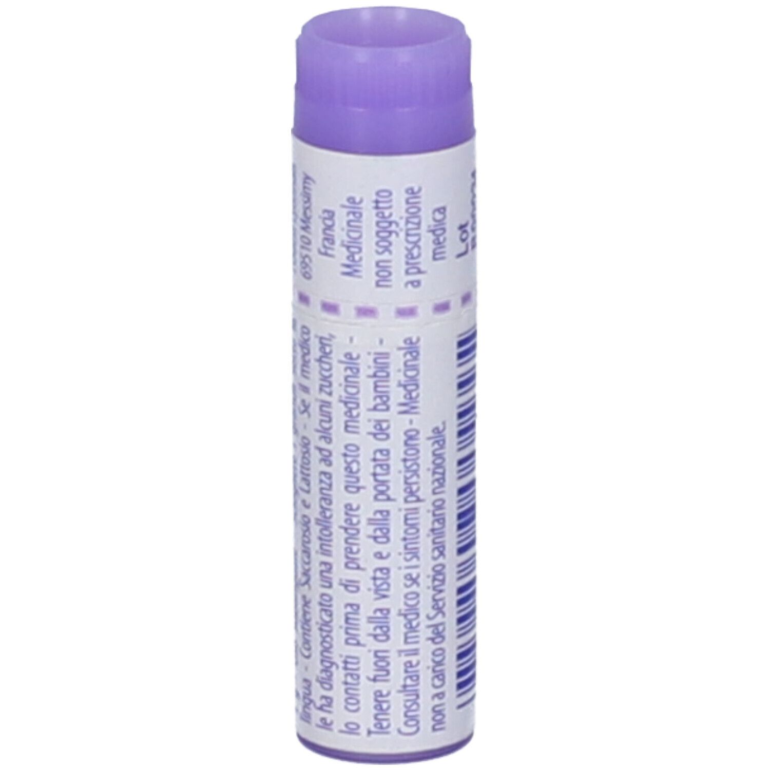 Confezione cilindrica con tappo viola. Testo su sfondo bianco. Scritta: Medicinale non soggetto a prescrizione medica.