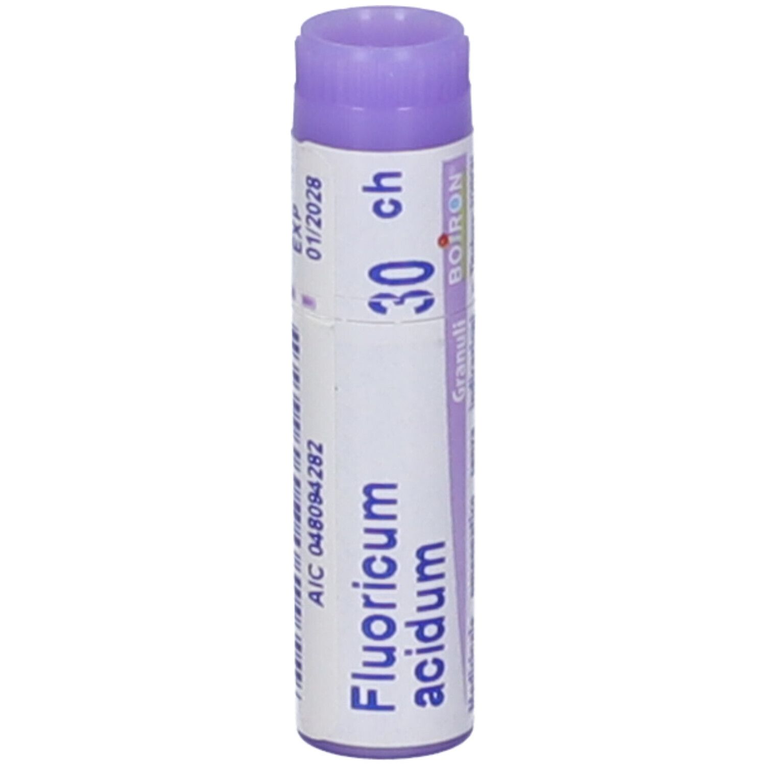Confezione cilindrica con tappo viola. Scritta: Fluoricum acidum, 30 ch, BOIRON, Granuli.