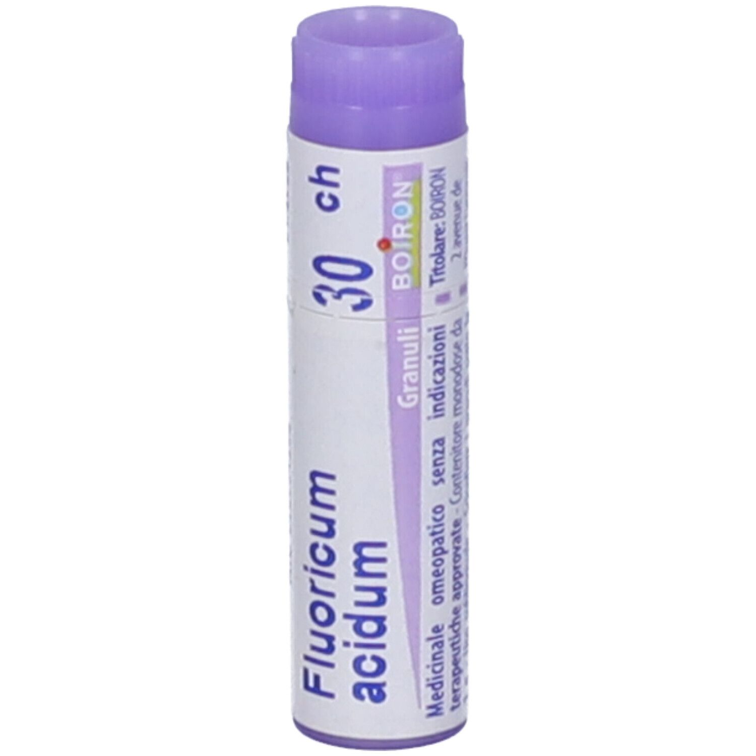 Confezione cilindrica con tappo viola. Scritta: Fluoricum acidum, 30 ch, BOIRON, Granuli.
