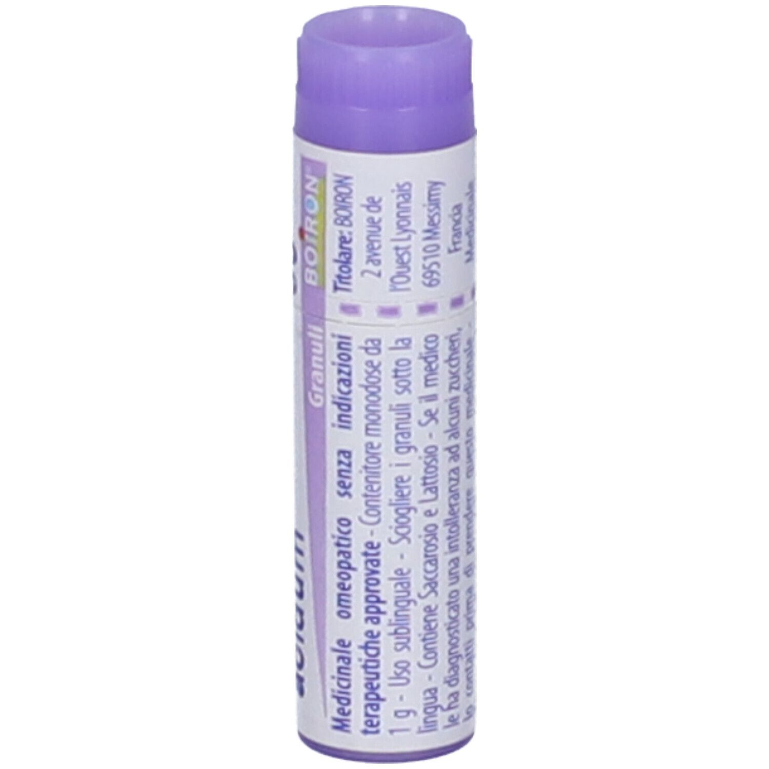Confezione cilindrica con tappo viola. Scritta: Fluoricum acidum, BOIRON, Granuli, Medicinale.