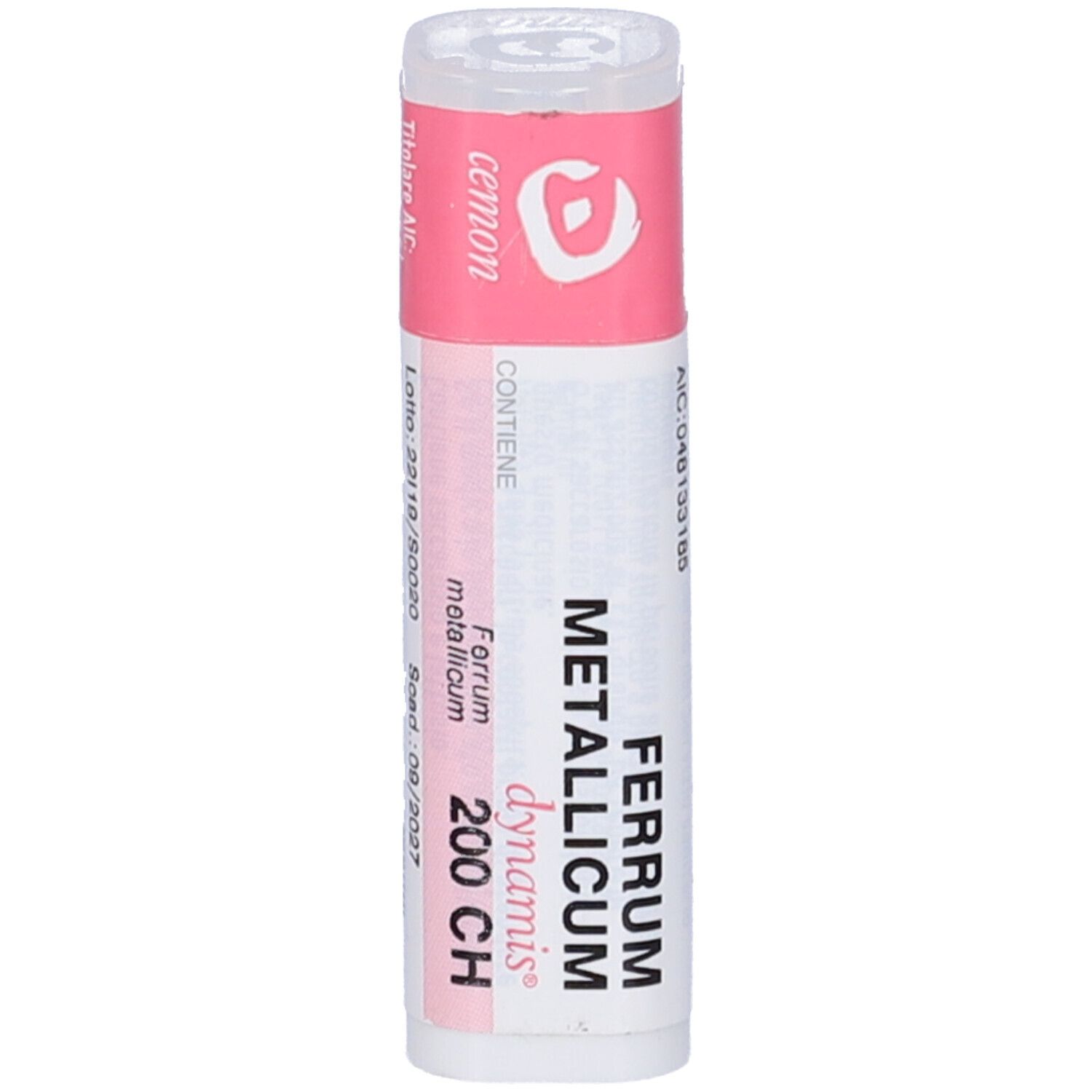 Flacone cilindrico con etichetta. Testo: "FERRUM METALLICUM 200 CH dynamis".