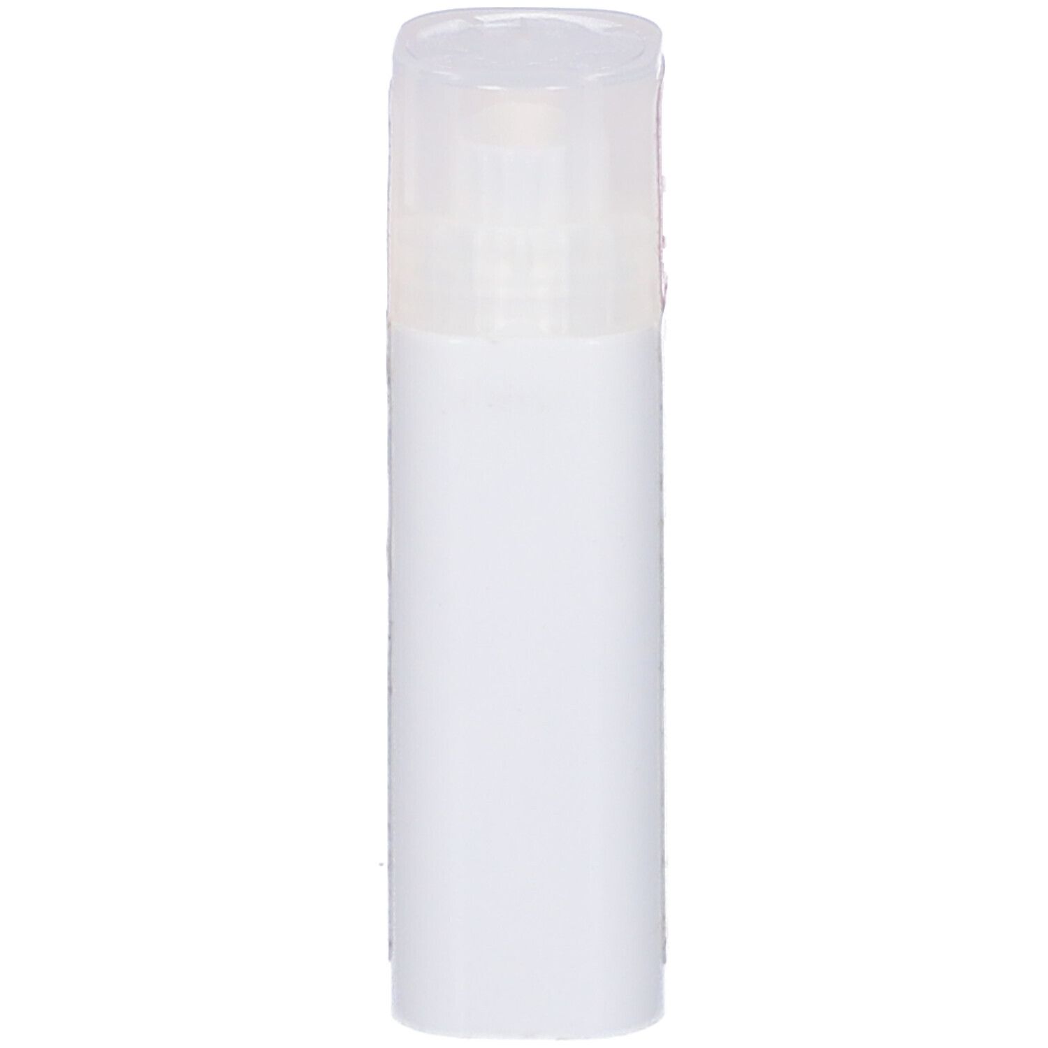 Flacone cilindrico bianco con coperchio trasparente.
