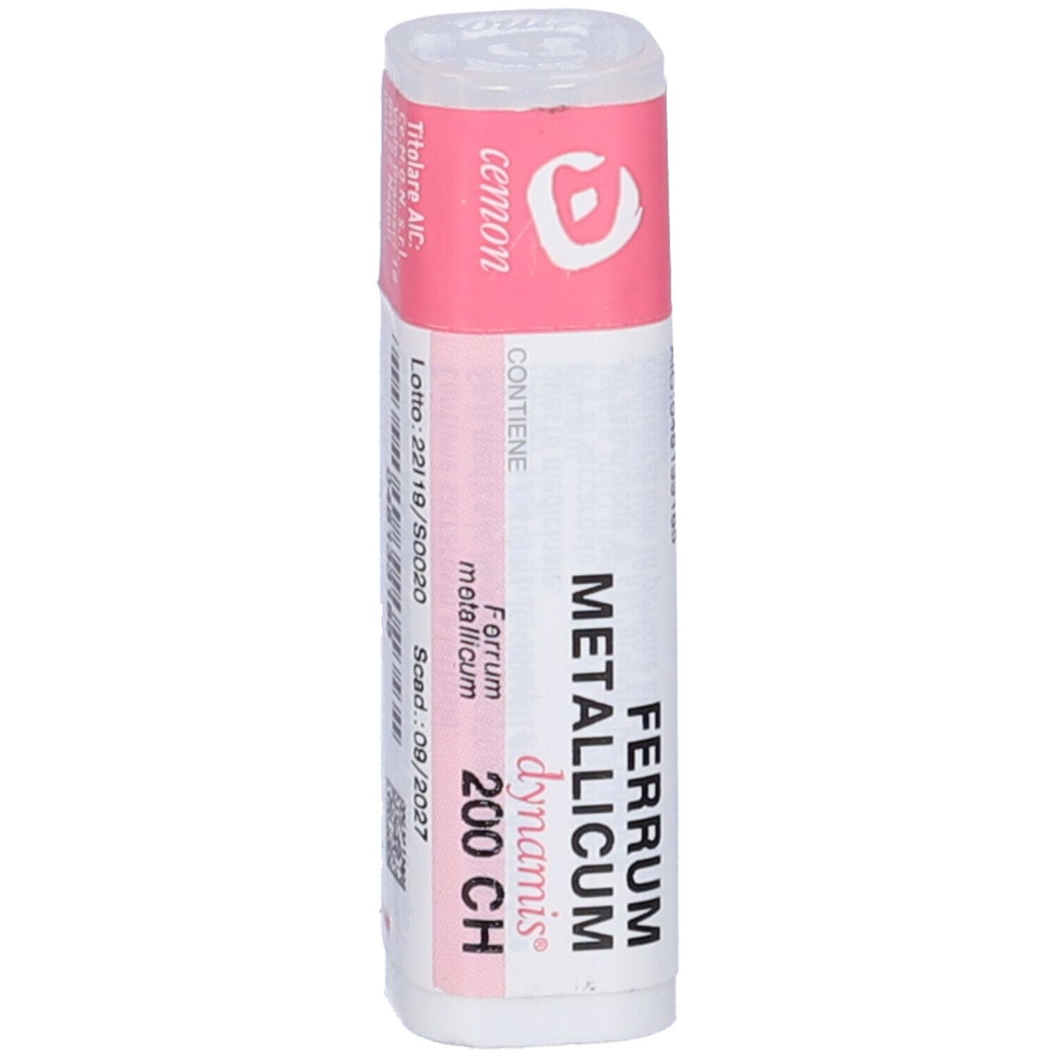 Flacone cilindrico con etichetta. Testo: "FERRUM METALLICUM 200 CH dynamis".