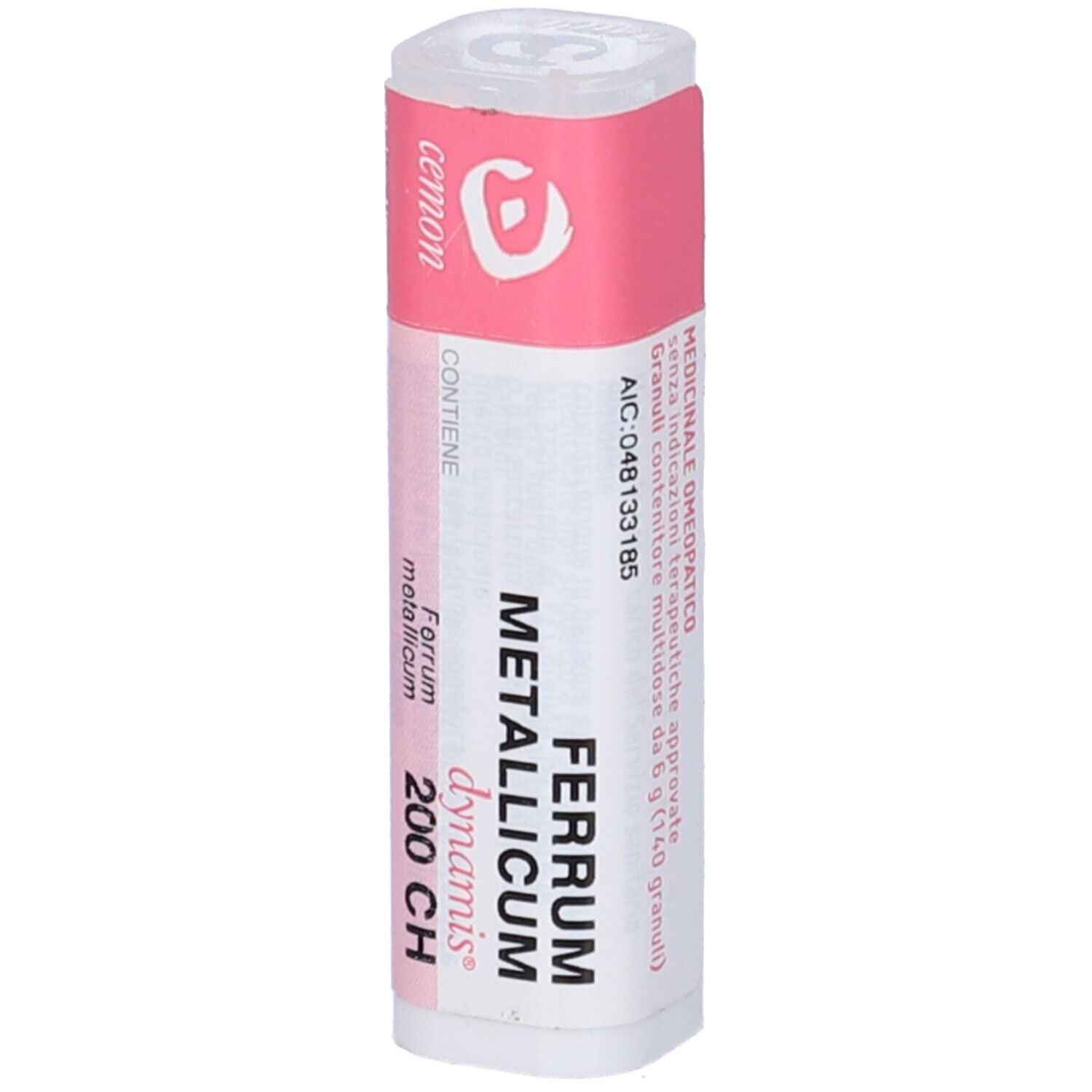 Flacone cilindrico con etichetta. Testo: "FERRUM METALLICUM 200 CH dynamis".