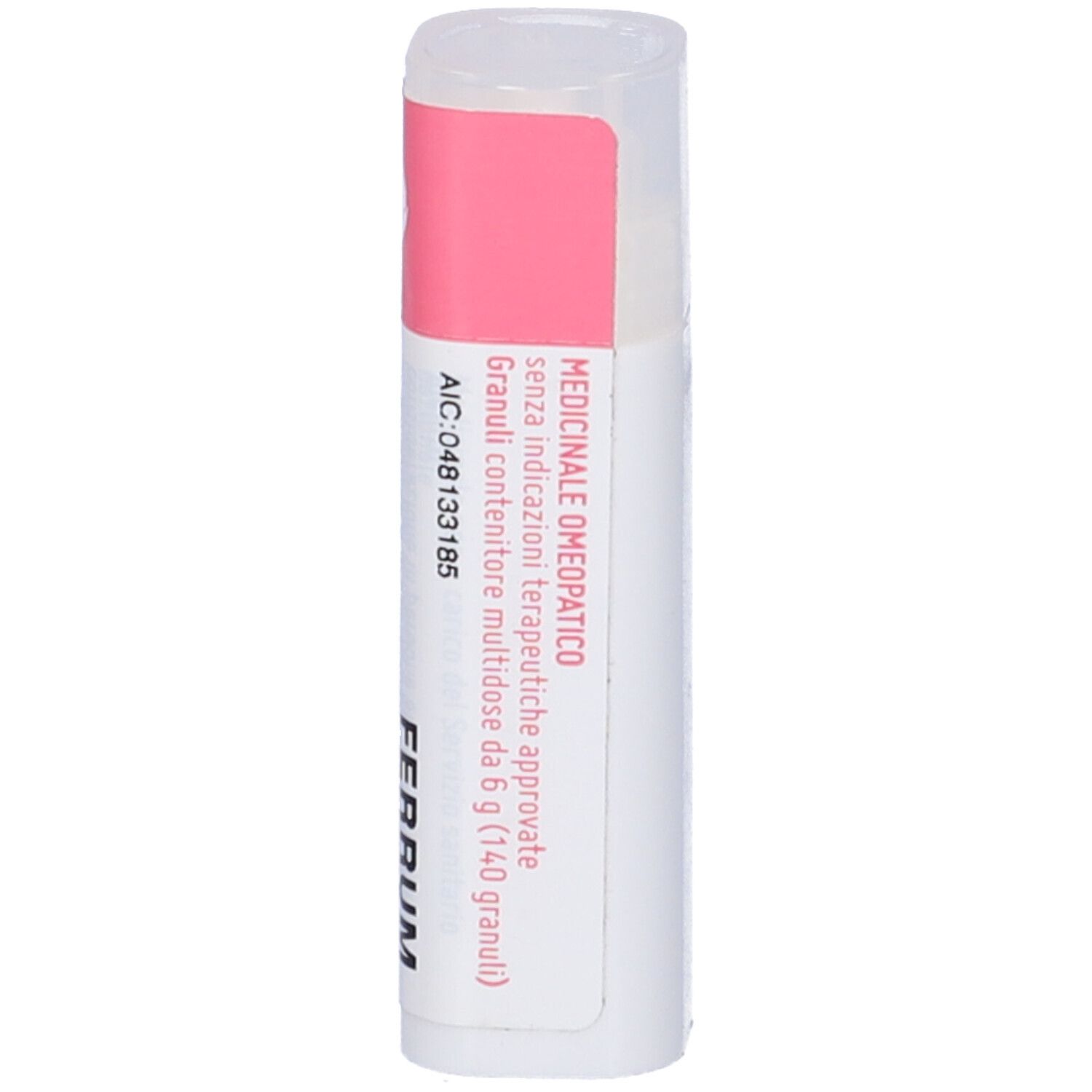 Flacone cilindrico con etichetta rosa e bianca. Testo: "FERRUM".