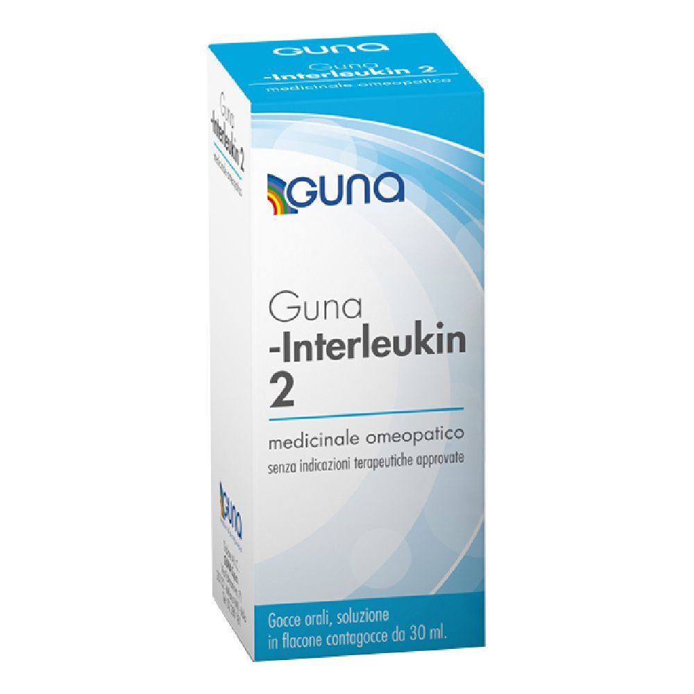 Guna -Interleukin 2. Scatola bianca e blu. Nome del prodotto e logo ben visibili.