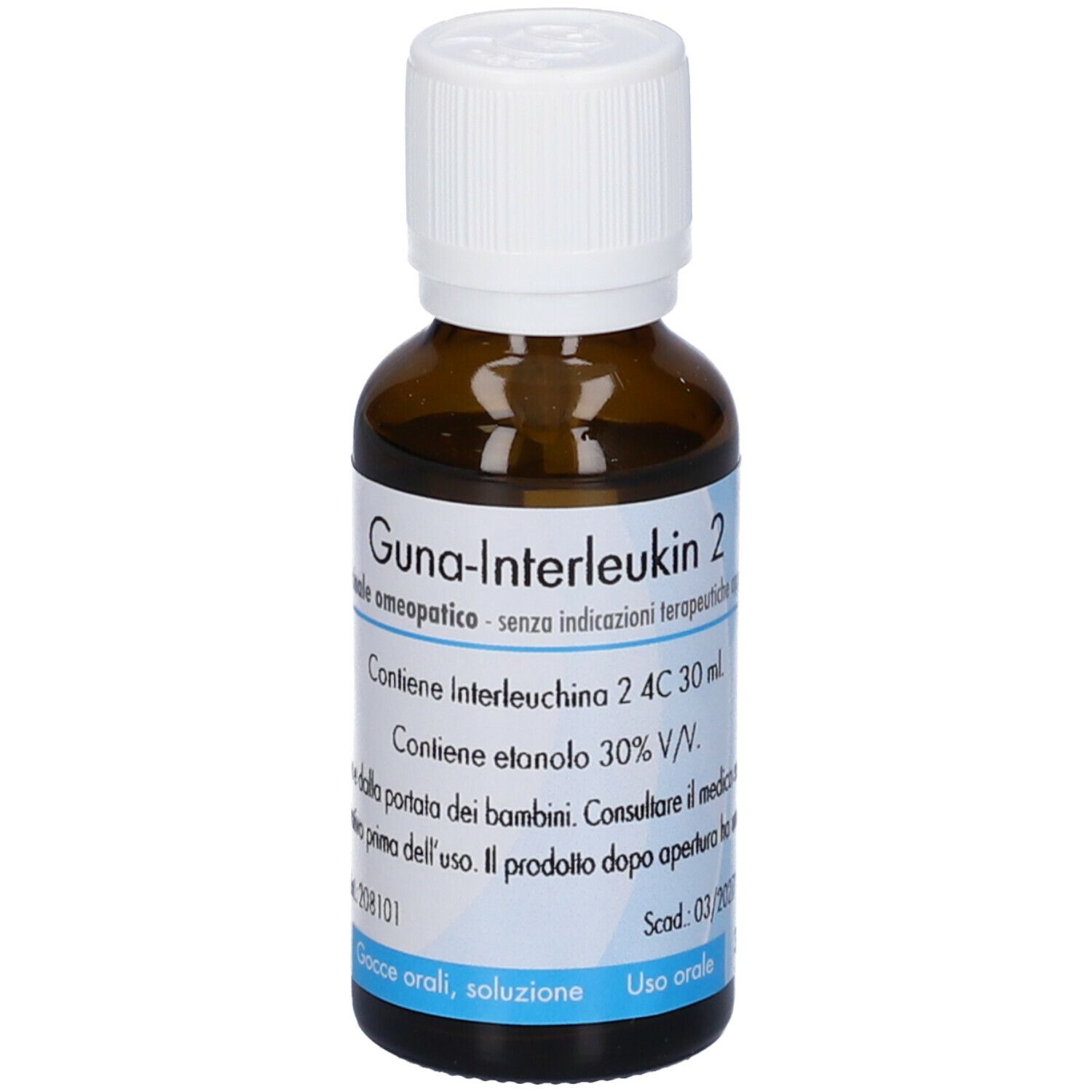 Flacone di vetro marrone con tappo bianco. Guna -Interleukin 2. Etichetta con informazioni.